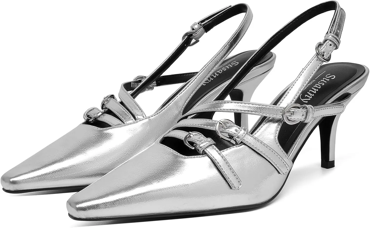 Susanny Slingback Kitten Heels for Women Closed Pointed Toe Strappy Dress Pumps Comfortable Stiletto Low Heels Sexy Buckle Strap Dressy Slip On Shoes for Wedding Bridal Party Work