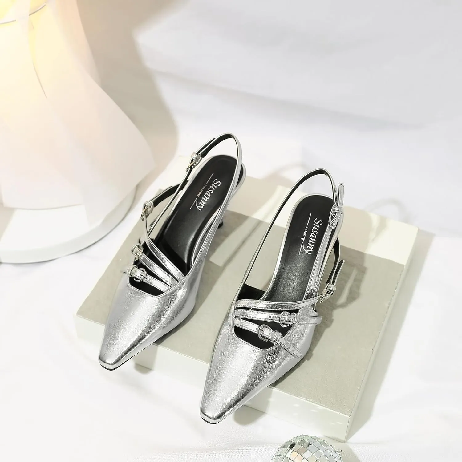 Susanny Slingback Kitten Heels for Women Closed Pointed Toe Strappy Dress Pumps Comfortable Stiletto Low Heels Sexy Buckle Strap Dressy Slip On Shoes for Wedding Bridal Party Work
