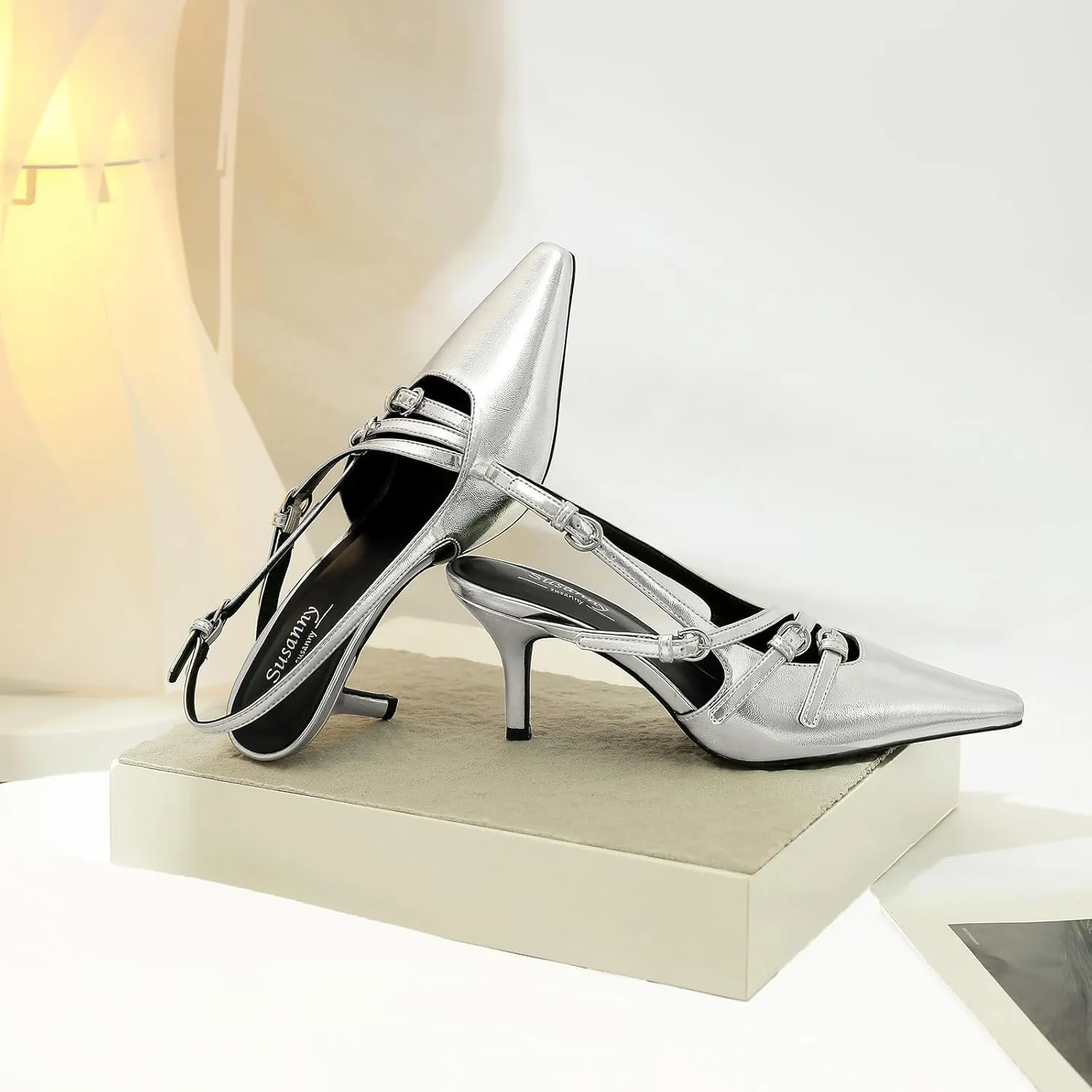 Susanny Slingback Kitten Heels for Women Closed Pointed Toe Strappy Dress Pumps Comfortable Stiletto Low Heels Sexy Buckle Strap Dressy Slip On Shoes for Wedding Bridal Party Work