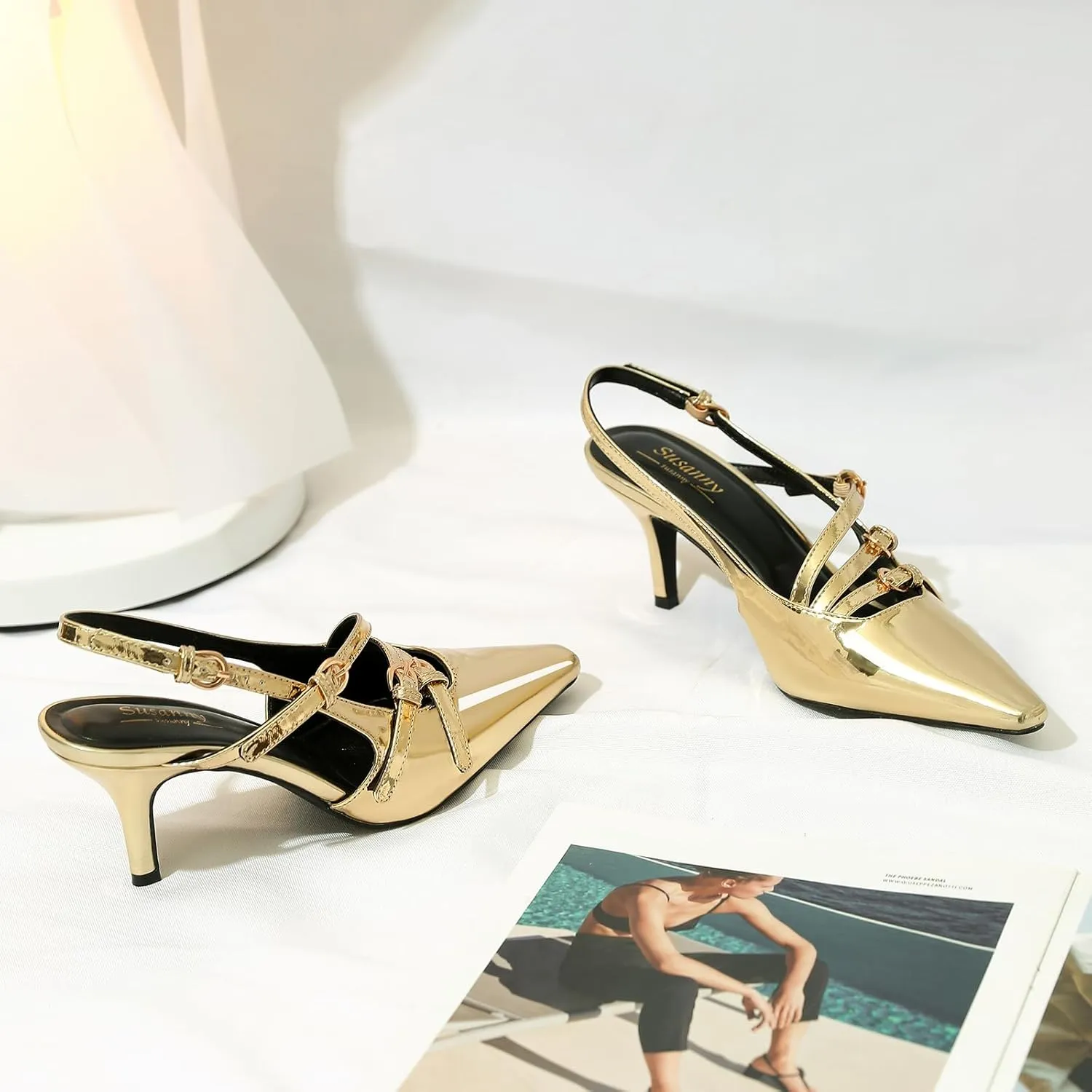 Susanny Slingback Kitten Heels for Women Closed Pointed Toe Strappy Dress Pumps Comfortable Stiletto Low Heels Sexy Buckle Strap Dressy Slip On Shoes for Wedding Bridal Party Work