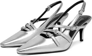 Susanny Slingback Kitten Heels for Women Closed Pointed Toe Strappy Dress Pumps Comfortable Stiletto Low Heels Sexy Buckle Strap Dressy Slip On Shoes for Wedding Bridal Party Work