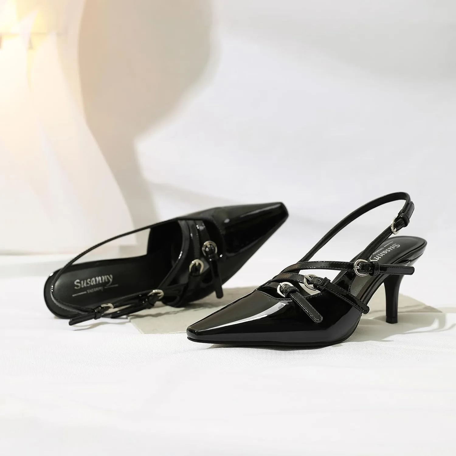 Susanny Slingback Kitten Heels for Women Closed Pointed Toe Strappy Dress Pumps Comfortable Stiletto Low Heels Sexy Buckle Strap Dressy Slip On Shoes for Wedding Bridal Party Work