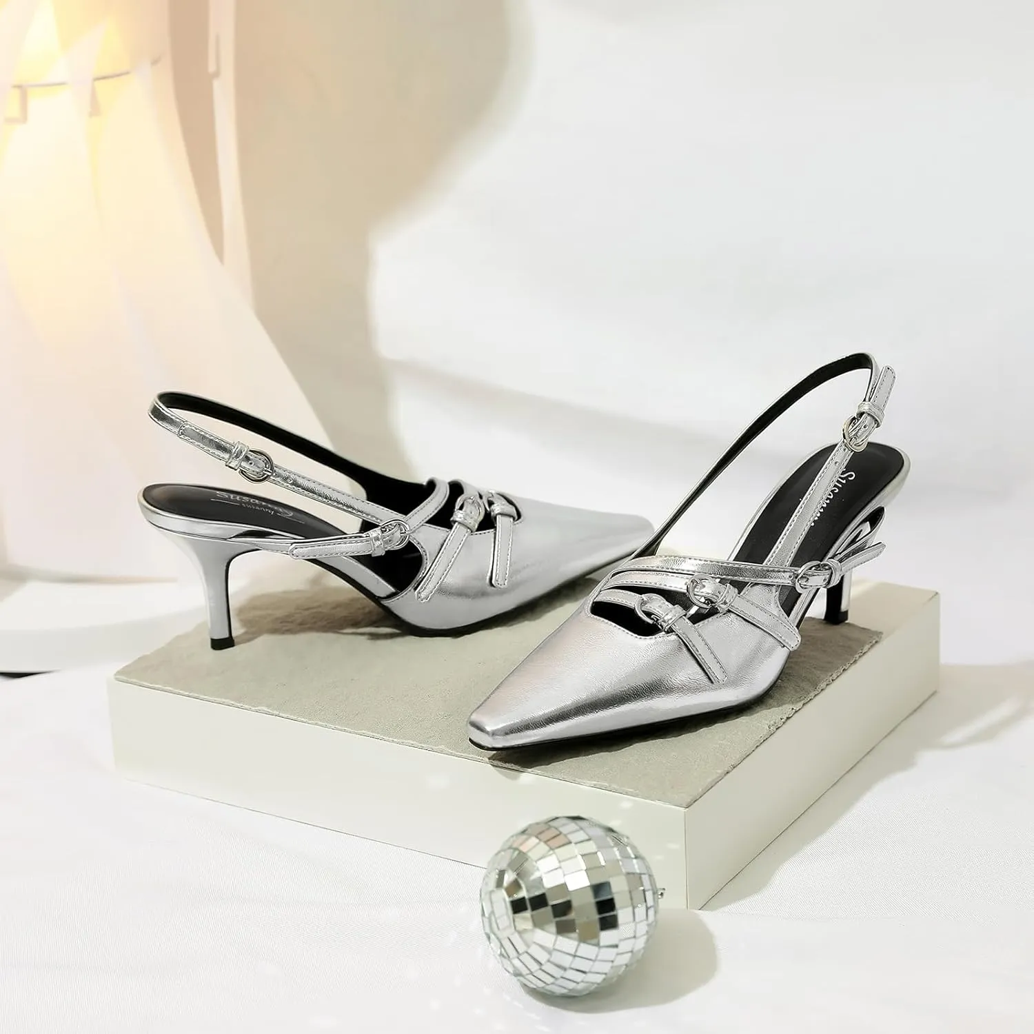Susanny Slingback Kitten Heels for Women Closed Pointed Toe Strappy Dress Pumps Comfortable Stiletto Low Heels Sexy Buckle Strap Dressy Slip On Shoes for Wedding Bridal Party Work
