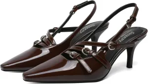 Susanny Slingback Kitten Heels for Women Closed Pointed Toe Strappy Dress Pumps Comfortable Stiletto Low Heels Sexy Buckle Strap Dressy Slip On Shoes for Wedding Bridal Party Work