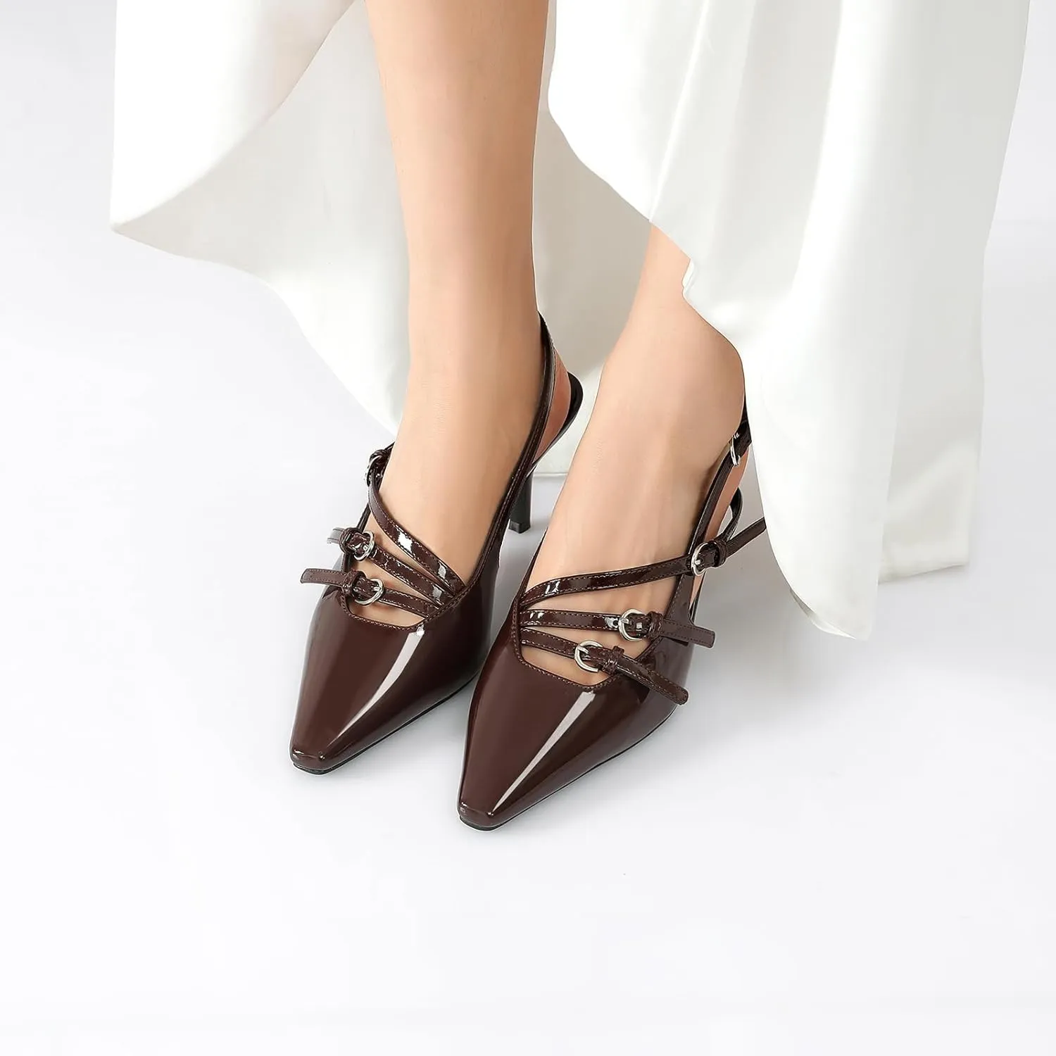 Susanny Slingback Kitten Heels for Women Closed Pointed Toe Strappy Dress Pumps Comfortable Stiletto Low Heels Sexy Buckle Strap Dressy Slip On Shoes for Wedding Bridal Party Work