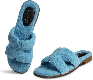 Tanamo Women's Fuzzy Cozy Slippers Slides House Slippers for Women Indoor Outdoor Dressy Flat Sandals Square Open Toe Casual