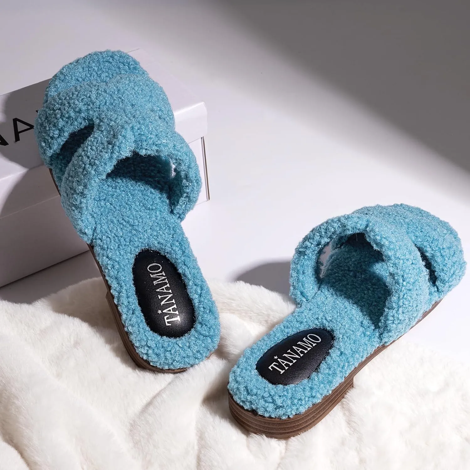 Tanamo Women's Fuzzy Cozy Slippers Slides House Slippers for Women Indoor Outdoor Dressy Flat Sandals Square Open Toe Casual