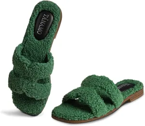 Tanamo Women's Fuzzy Cozy Slippers Slides House Slippers for Women Indoor Outdoor Dressy Flat Sandals Square Open Toe Casual
