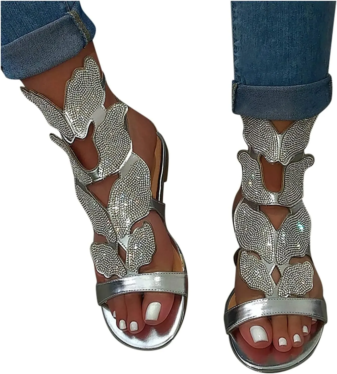 Temperament Flat Bottom Sandals for Women Minimalist Summer Casual Cool Shoes Rhinestone Decorative Sandals