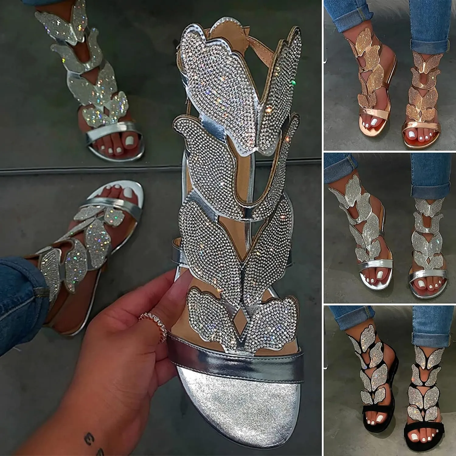 Temperament Flat Bottom Sandals for Women Minimalist Summer Casual Cool Shoes Rhinestone Decorative Sandals