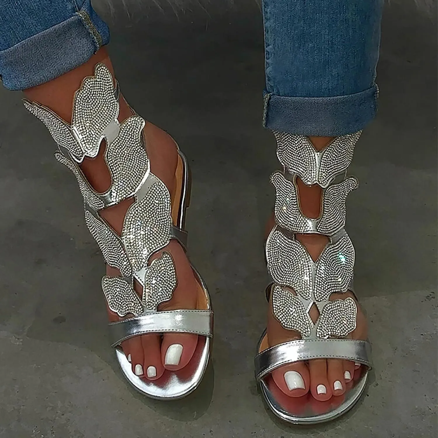 Temperament Flat Bottom Sandals for Women Minimalist Summer Casual Cool Shoes Rhinestone Decorative Sandals