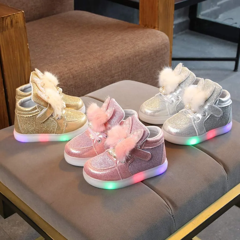 Toddler Baby Girls 𝐂artoon Rabbit Luminous Sport Shoes Fashion Cute High Top Light Up Casual Walking Sneakers