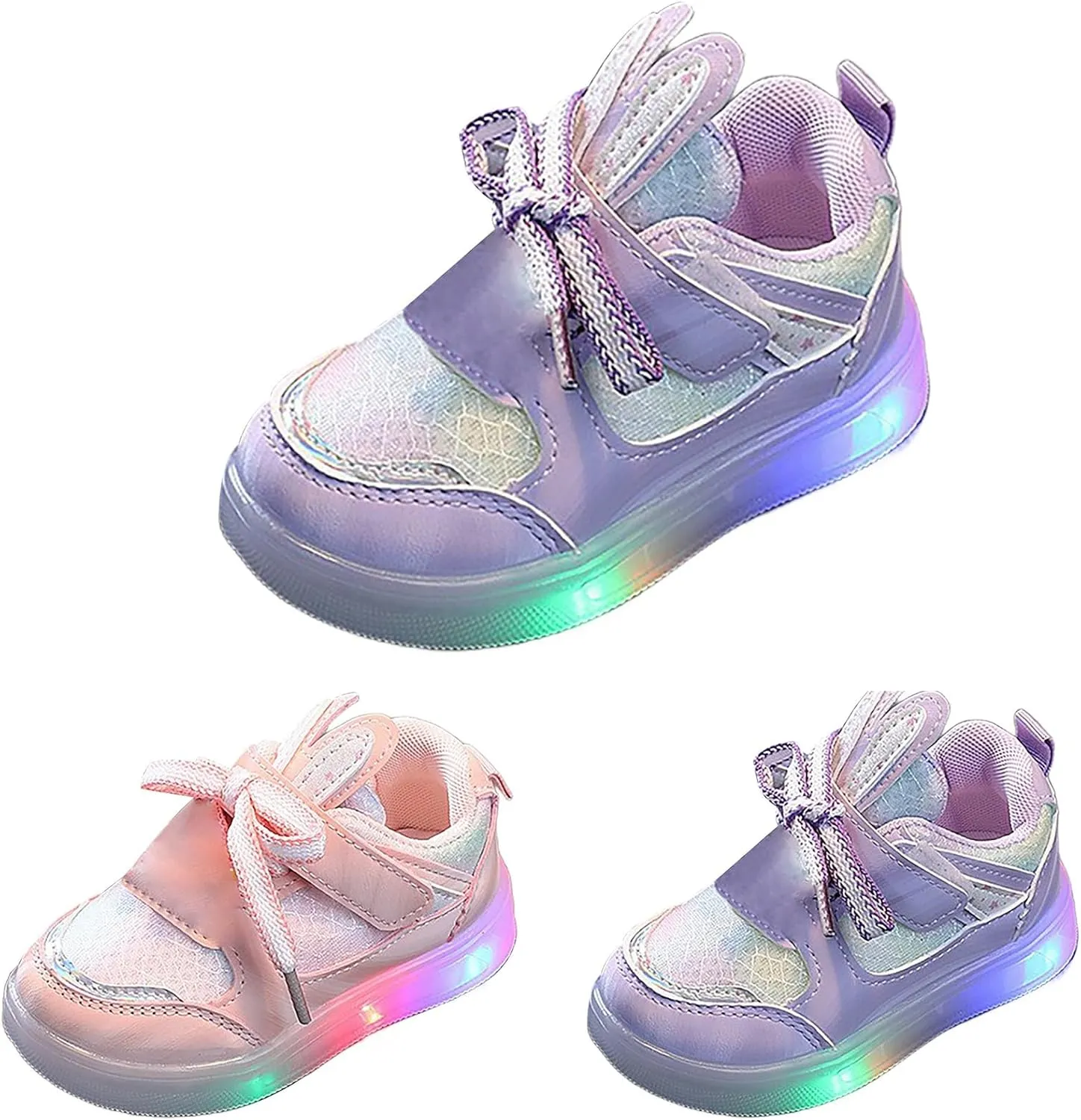 Toddler Infant Girls Cute Rabbit Ear Light Up Shoes Luminous Flat Bottom Breathable Outdoor Play Casual Sneakers