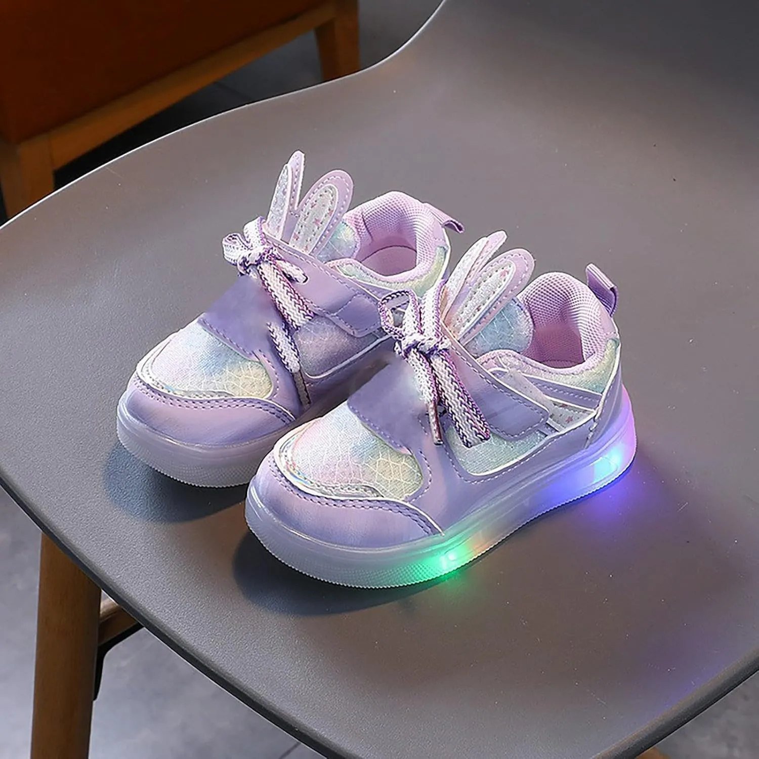 Toddler Infant Girls Cute Rabbit Ear Light Up Shoes Luminous Flat Bottom Breathable Outdoor Play Casual Sneakers