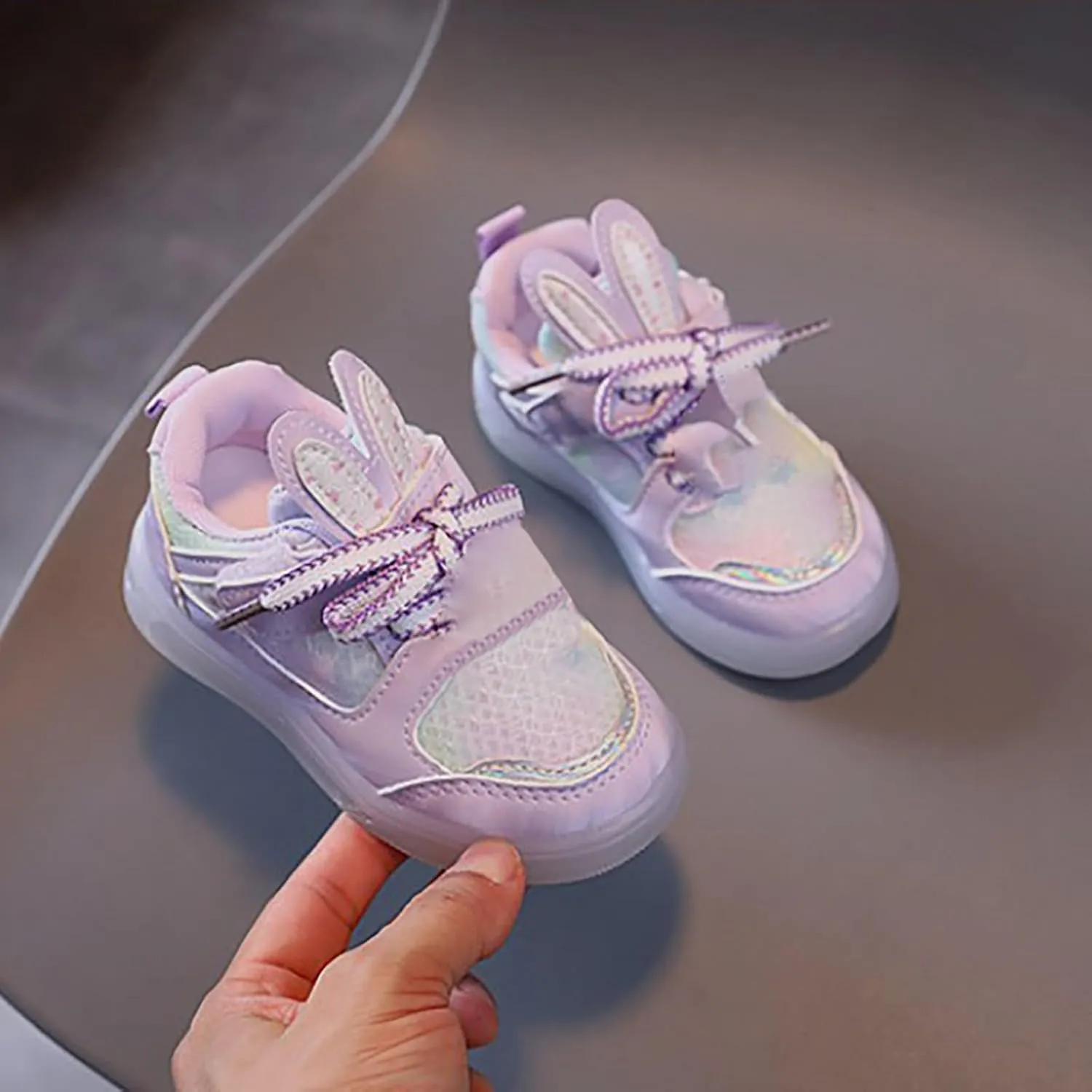 Toddler Infant Girls Cute Rabbit Ear Light Up Shoes Luminous Flat Bottom Breathable Outdoor Play Casual Sneakers