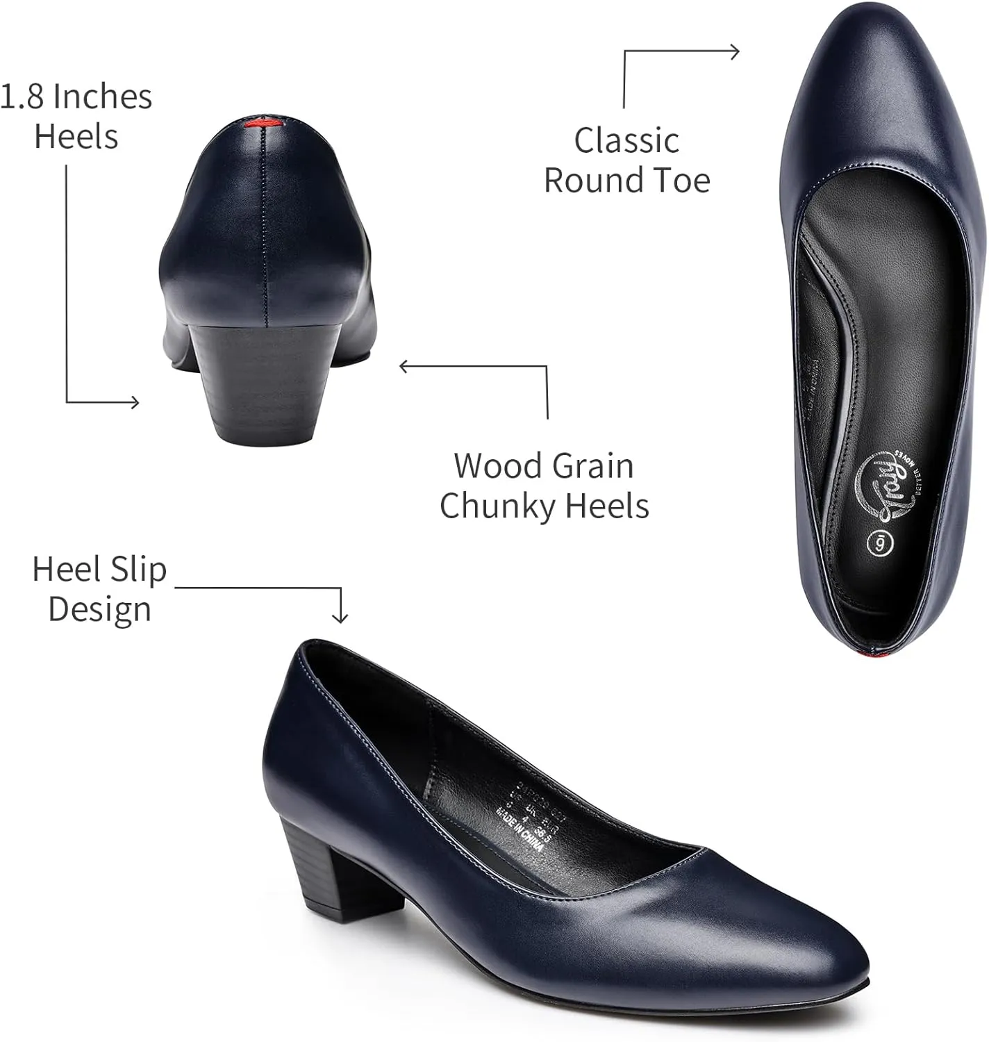 Trary Low Black Nude Blue Red Heels for Women Closed Round Toe Chunky Block 1.8 Inch Women's Heels Pumps Comfortable Dressy Work Casual PU Shoes for Wedding Office Business