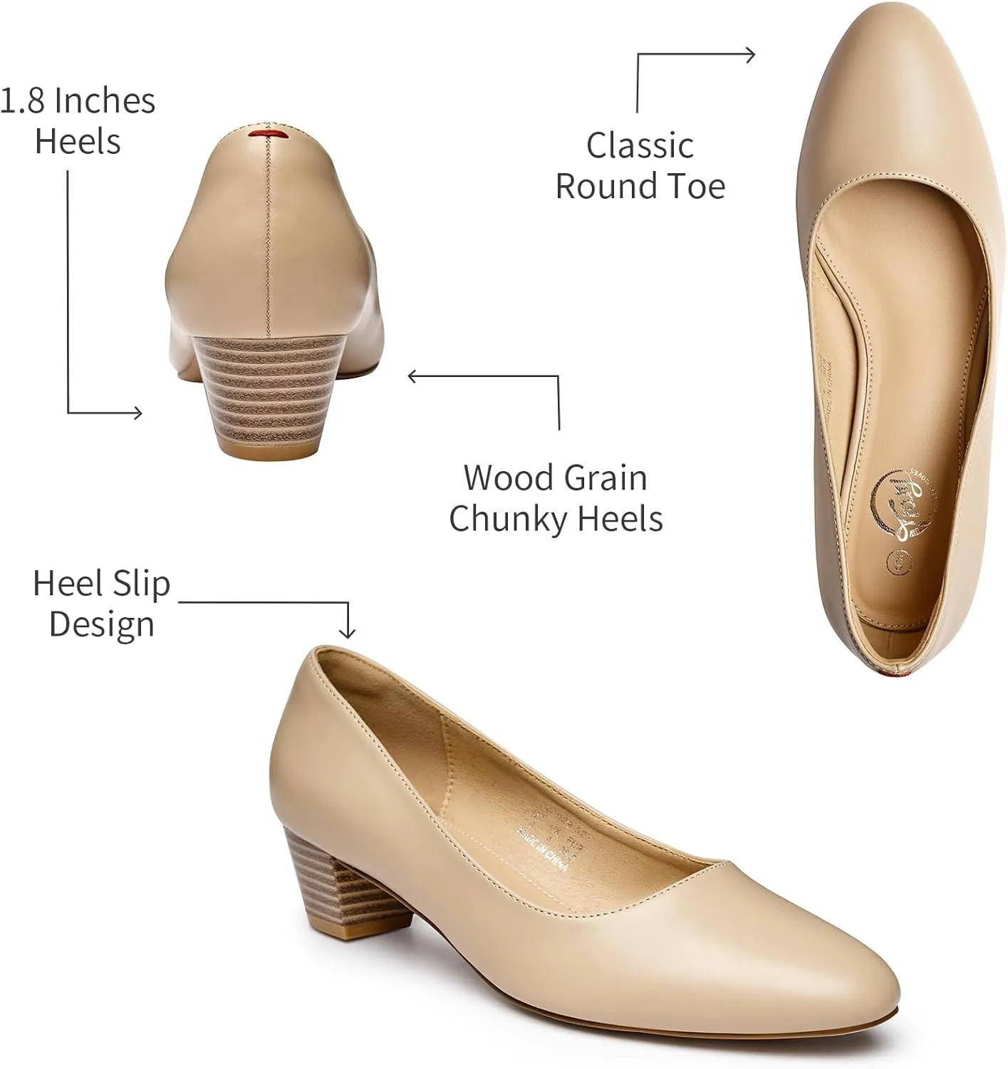 Trary Low Black Nude Blue Red Heels for Women Closed Round Toe Chunky Block 1.8 Inch Women's Heels Pumps Comfortable Dressy Work Casual PU Shoes for Wedding Office Business