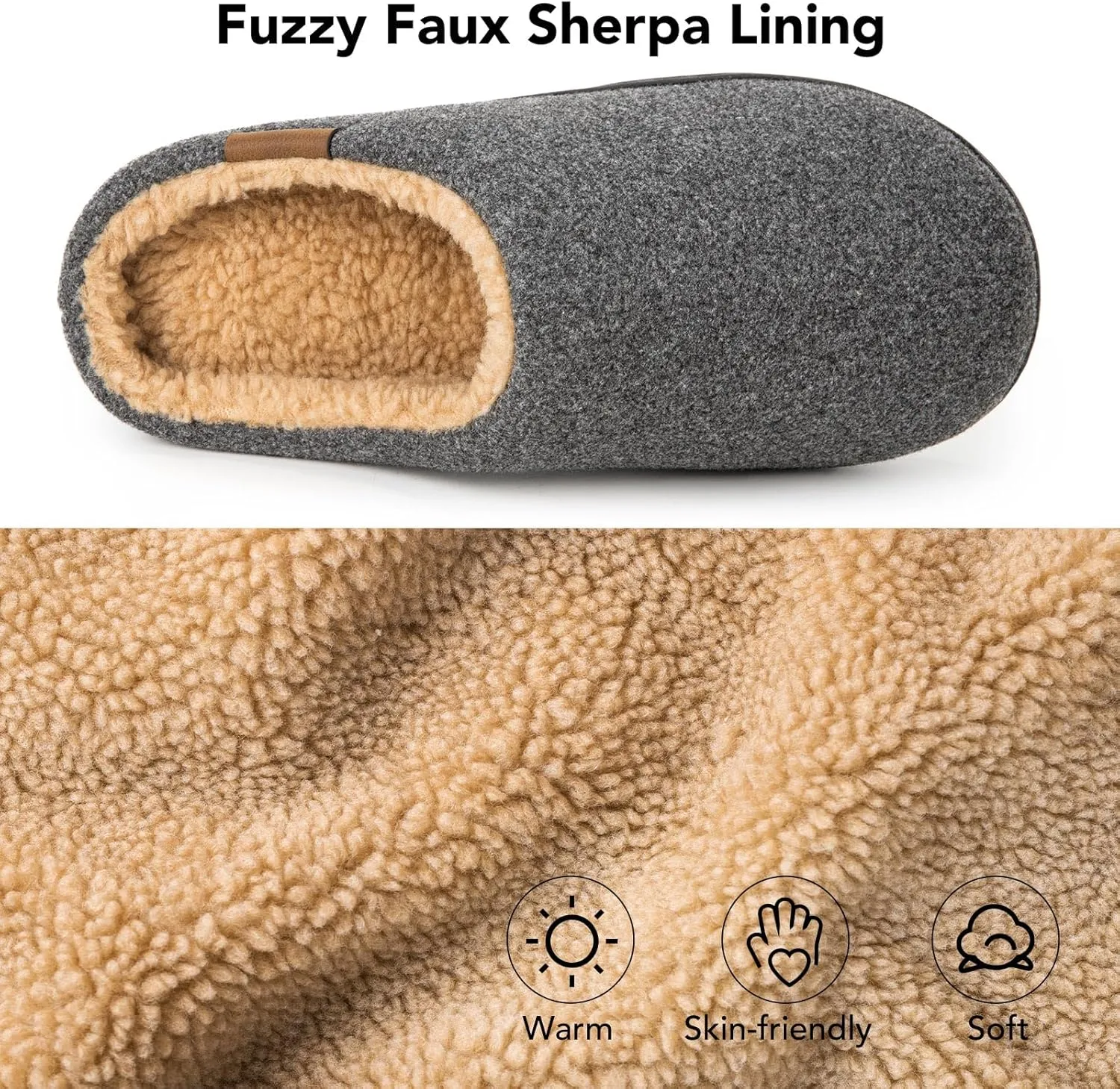 VeraCosy Men's Wool Felt Slippers with Comfy Fuzzy Faux Sherpa Slip-on Memory Foam for Indoor House