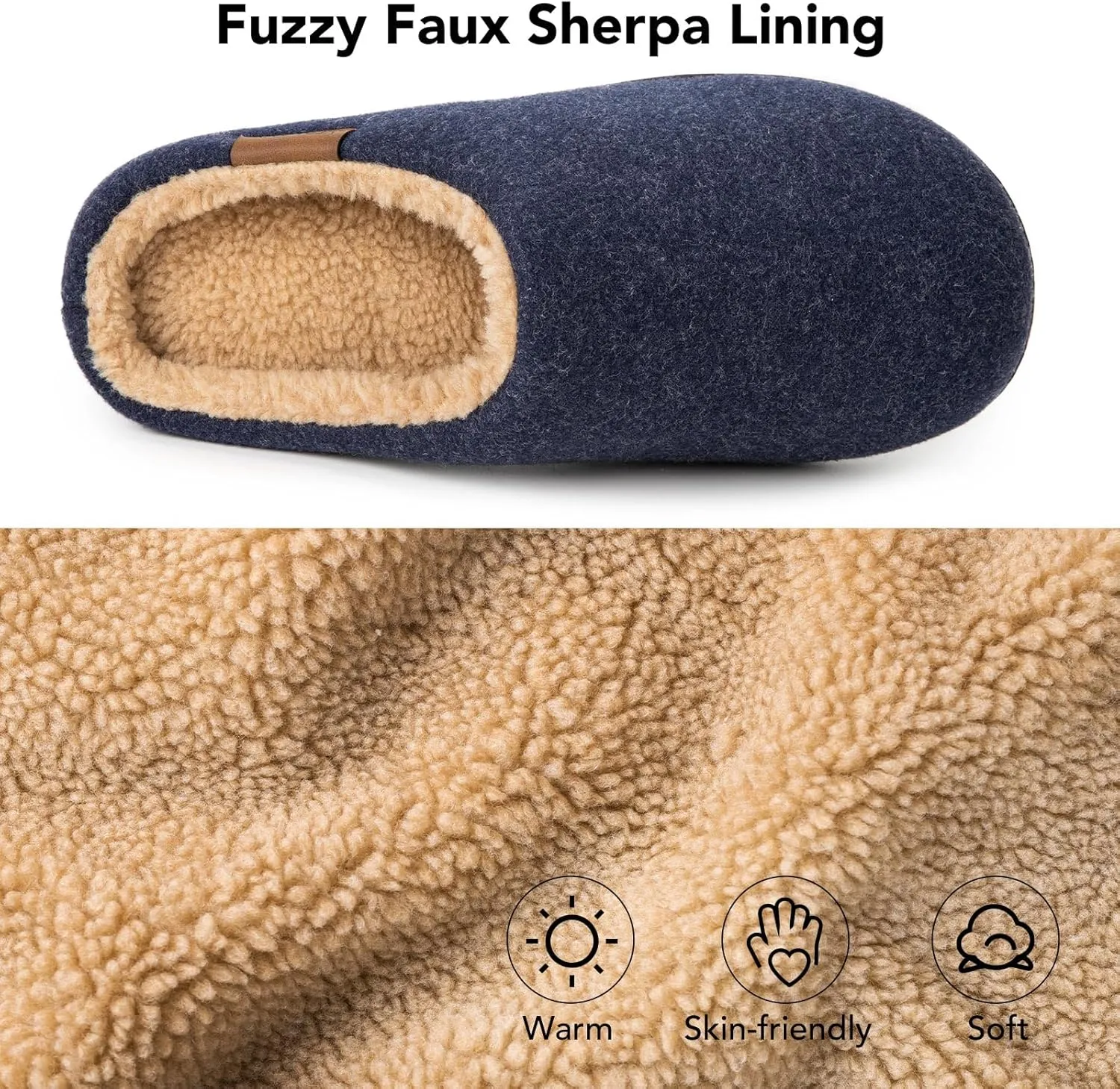 VeraCosy Men's Wool Felt Slippers with Comfy Fuzzy Faux Sherpa Slip-on Memory Foam for Indoor House