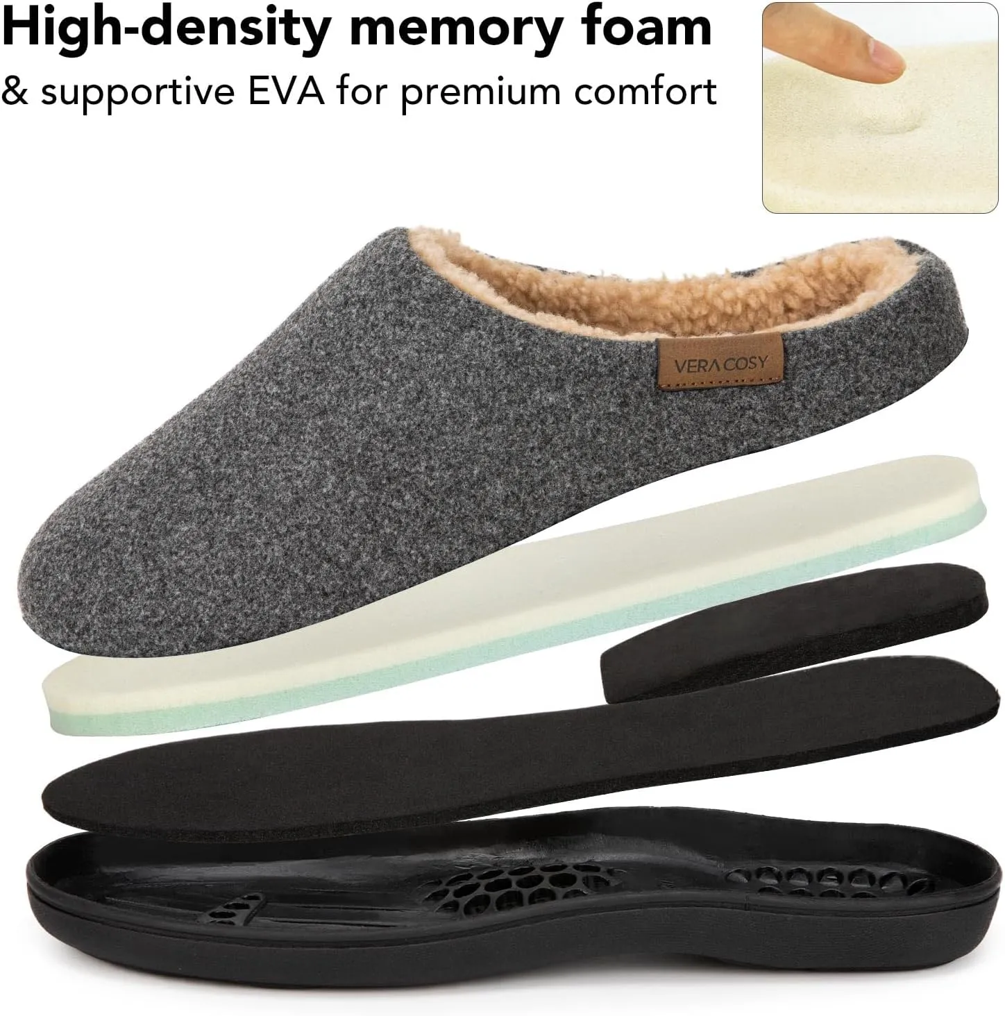 VeraCosy Men's Wool Felt Slippers with Comfy Fuzzy Faux Sherpa Slip-on Memory Foam for Indoor House