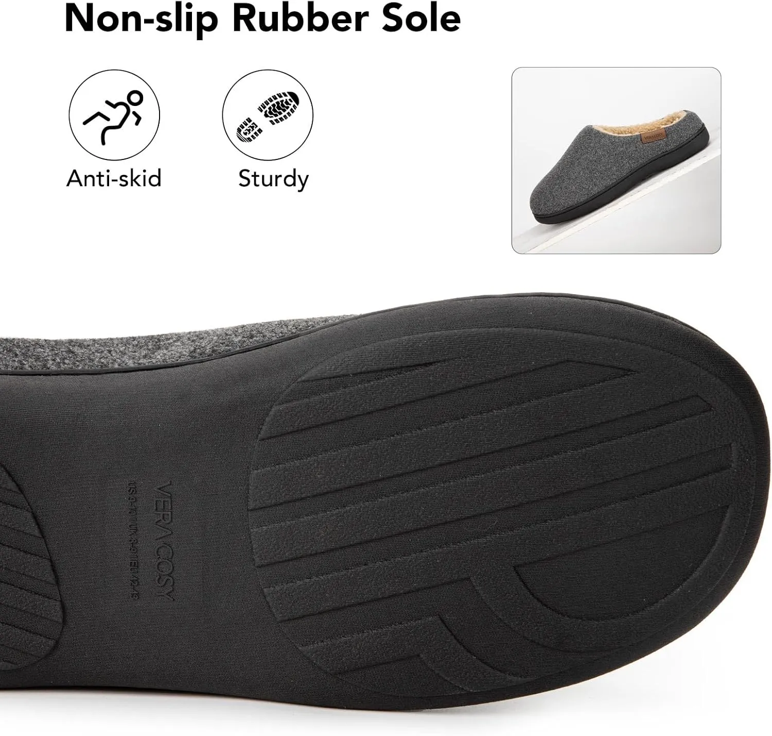 VeraCosy Men's Wool Felt Slippers with Comfy Fuzzy Faux Sherpa Slip-on Memory Foam for Indoor House