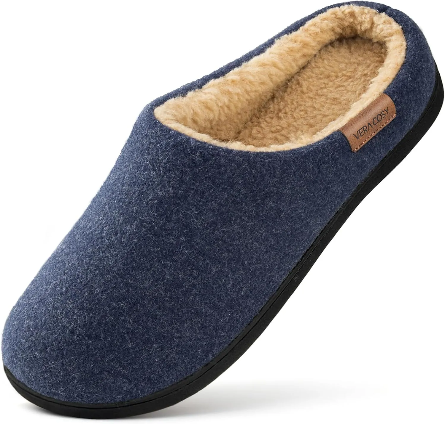 VeraCosy Men's Wool Felt Slippers with Comfy Fuzzy Faux Sherpa Slip-on Memory Foam for Indoor House