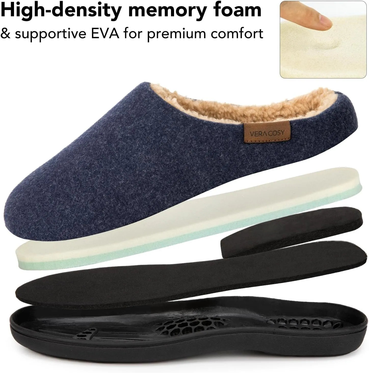 VeraCosy Men's Wool Felt Slippers with Comfy Fuzzy Faux Sherpa Slip-on Memory Foam for Indoor House