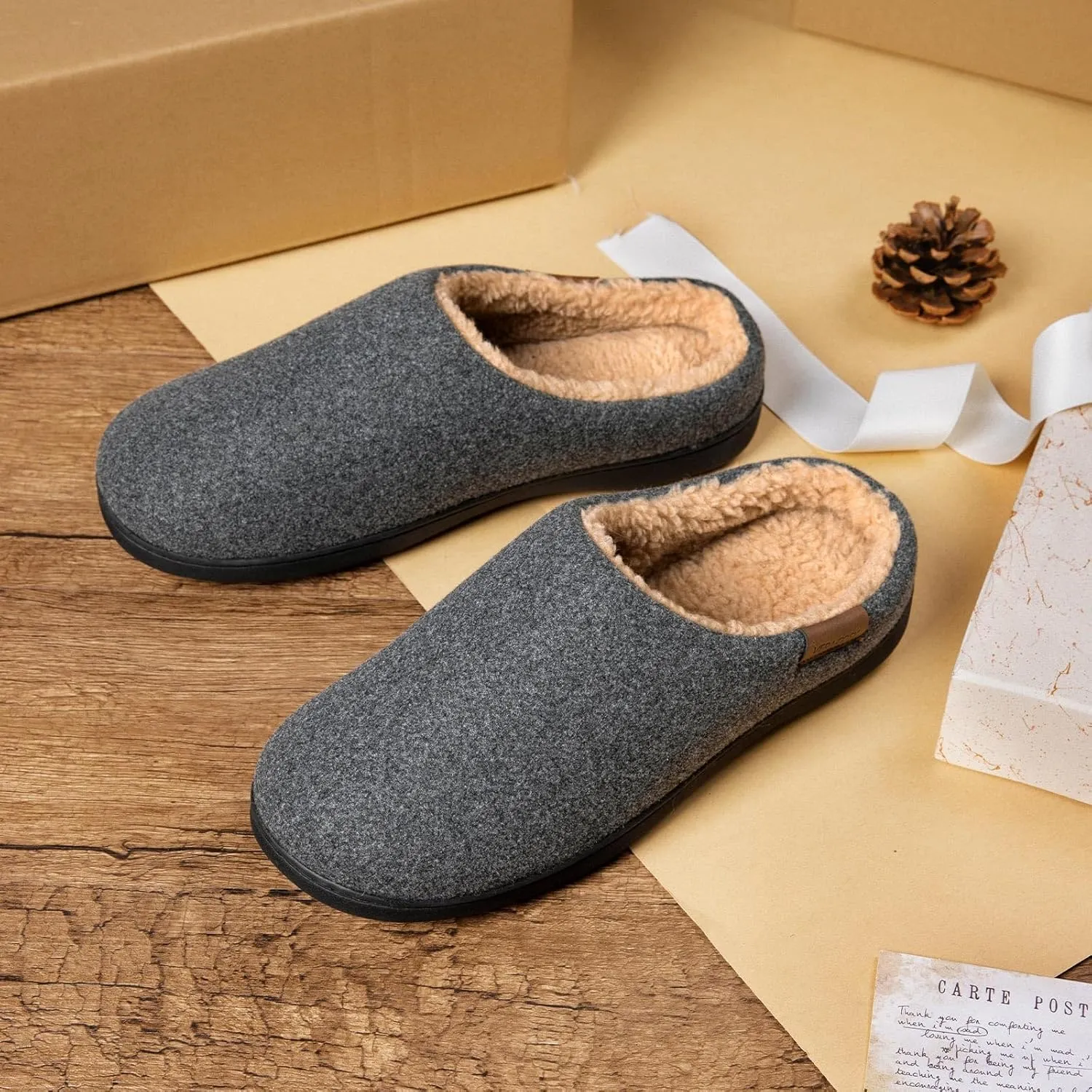 VeraCosy Men's Wool Felt Slippers with Comfy Fuzzy Faux Sherpa Slip-on Memory Foam for Indoor House