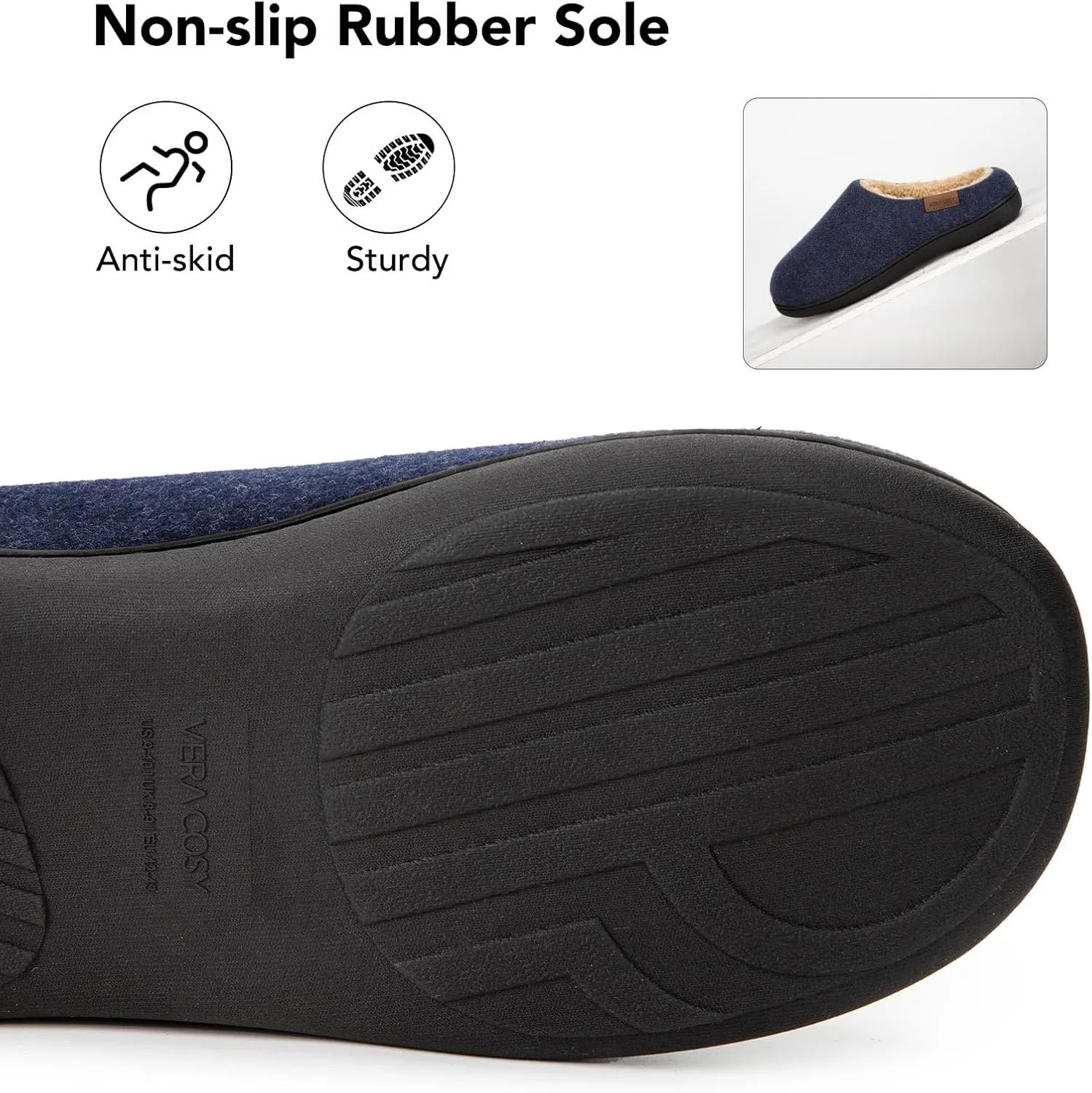 VeraCosy Men's Wool Felt Slippers with Comfy Fuzzy Faux Sherpa Slip-on Memory Foam for Indoor House