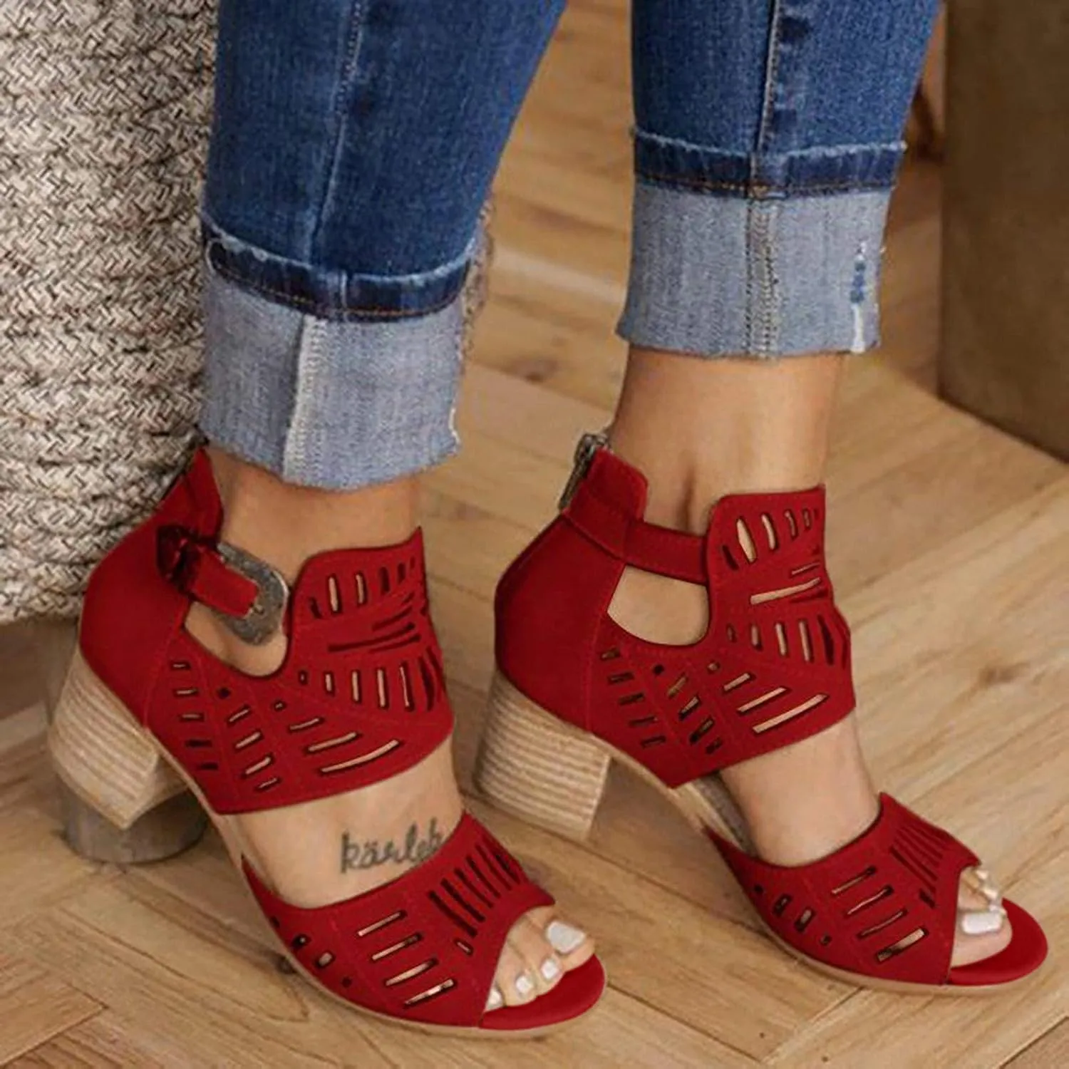 Walking Sandals Women, Womens Sandals Sexy Hollow Floral Lace Chunky High Heels Peep Toe Platform Boots