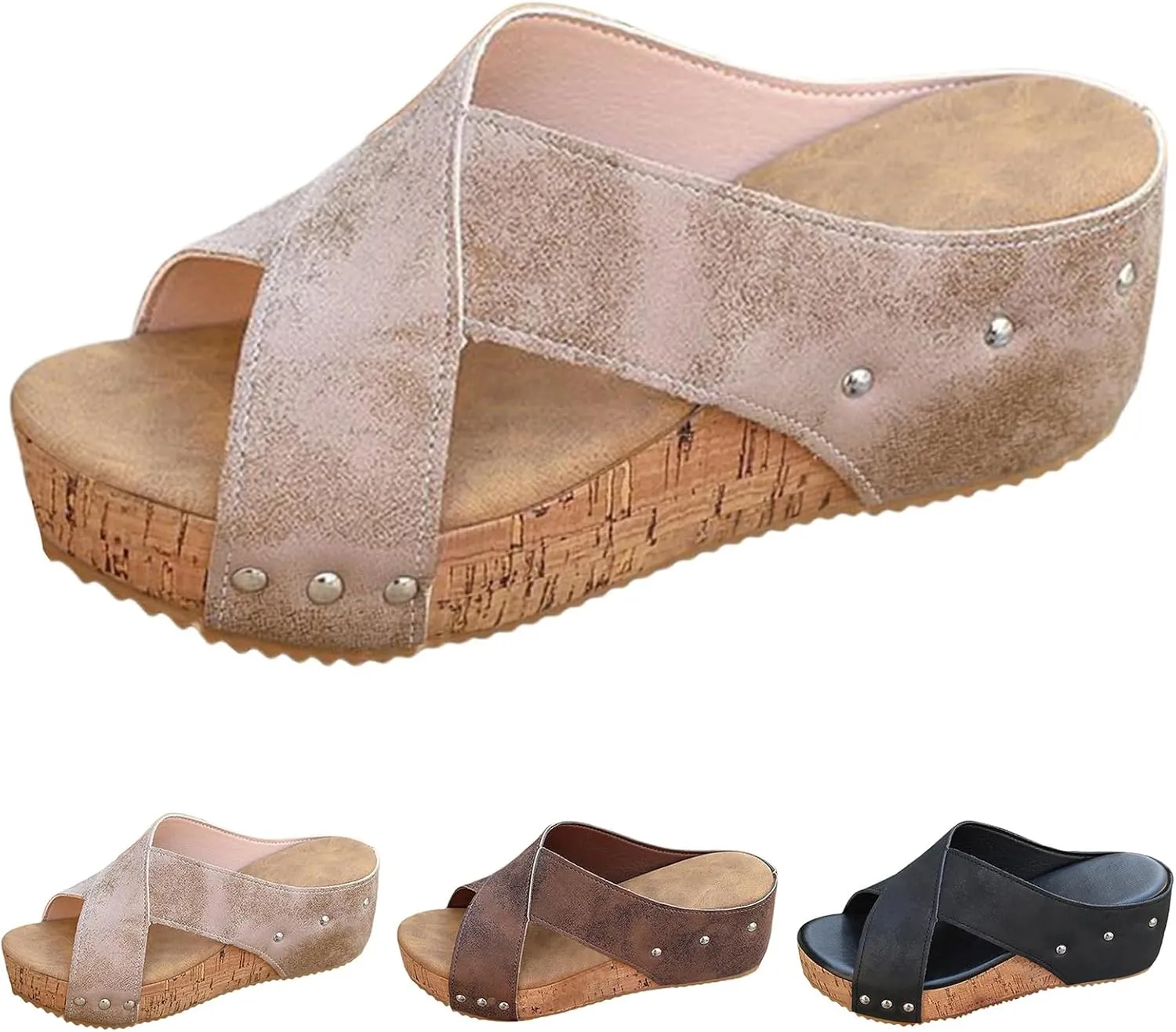 Wedge Sandals for Women Open Toe Slip On Slides Cork Heeled Cutout Comfortable Slide Sandals Criss Cross Straps Flat Clogs Slide Sandal Dressy Casual Boho Summer Beach Shoes