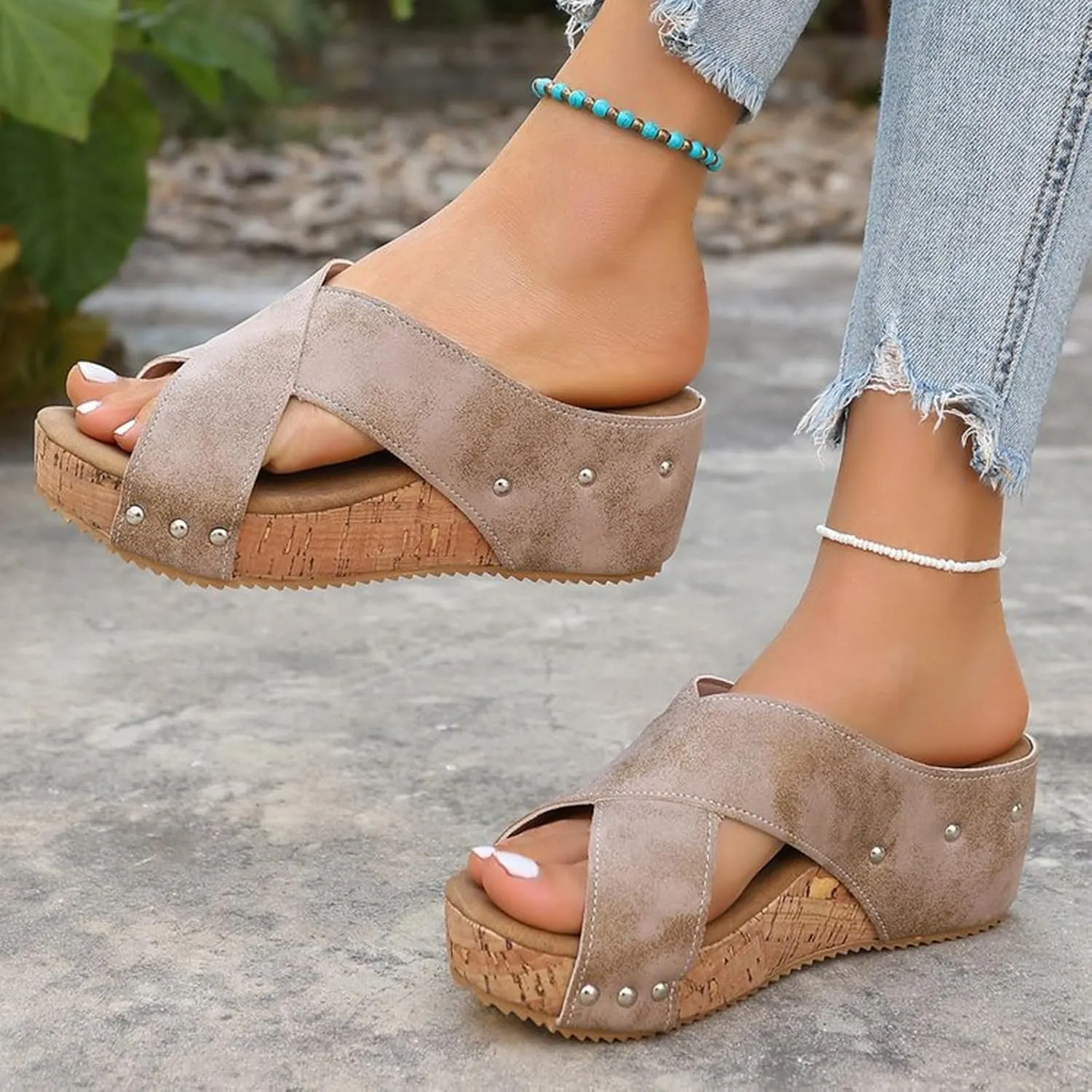 Wedge Sandals for Women Open Toe Slip On Slides Cork Heeled Cutout Comfortable Slide Sandals Criss Cross Straps Flat Clogs Slide Sandal Dressy Casual Boho Summer Beach Shoes