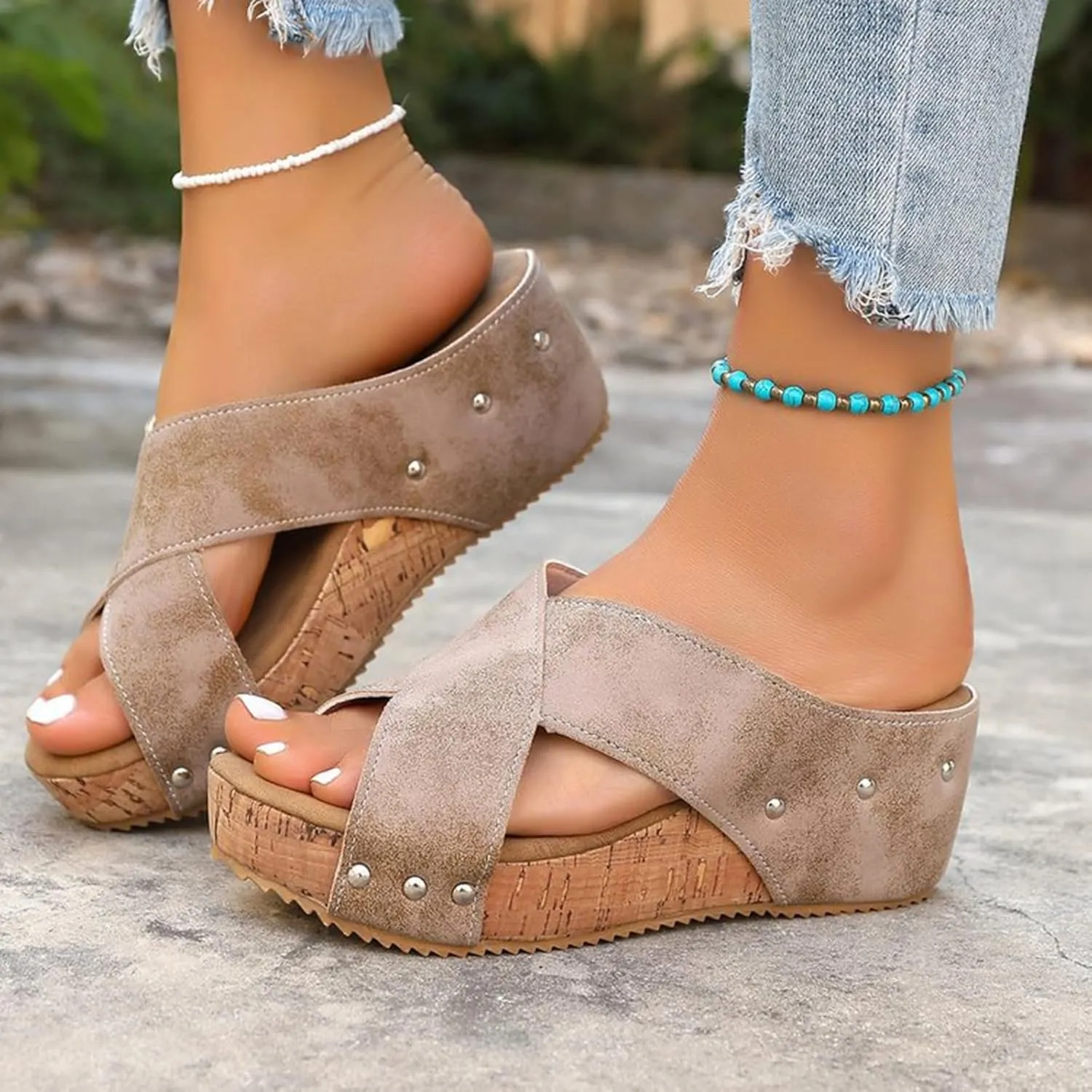 Wedge Sandals for Women Open Toe Slip On Slides Cork Heeled Cutout Comfortable Slide Sandals Criss Cross Straps Flat Clogs Slide Sandal Dressy Casual Boho Summer Beach Shoes