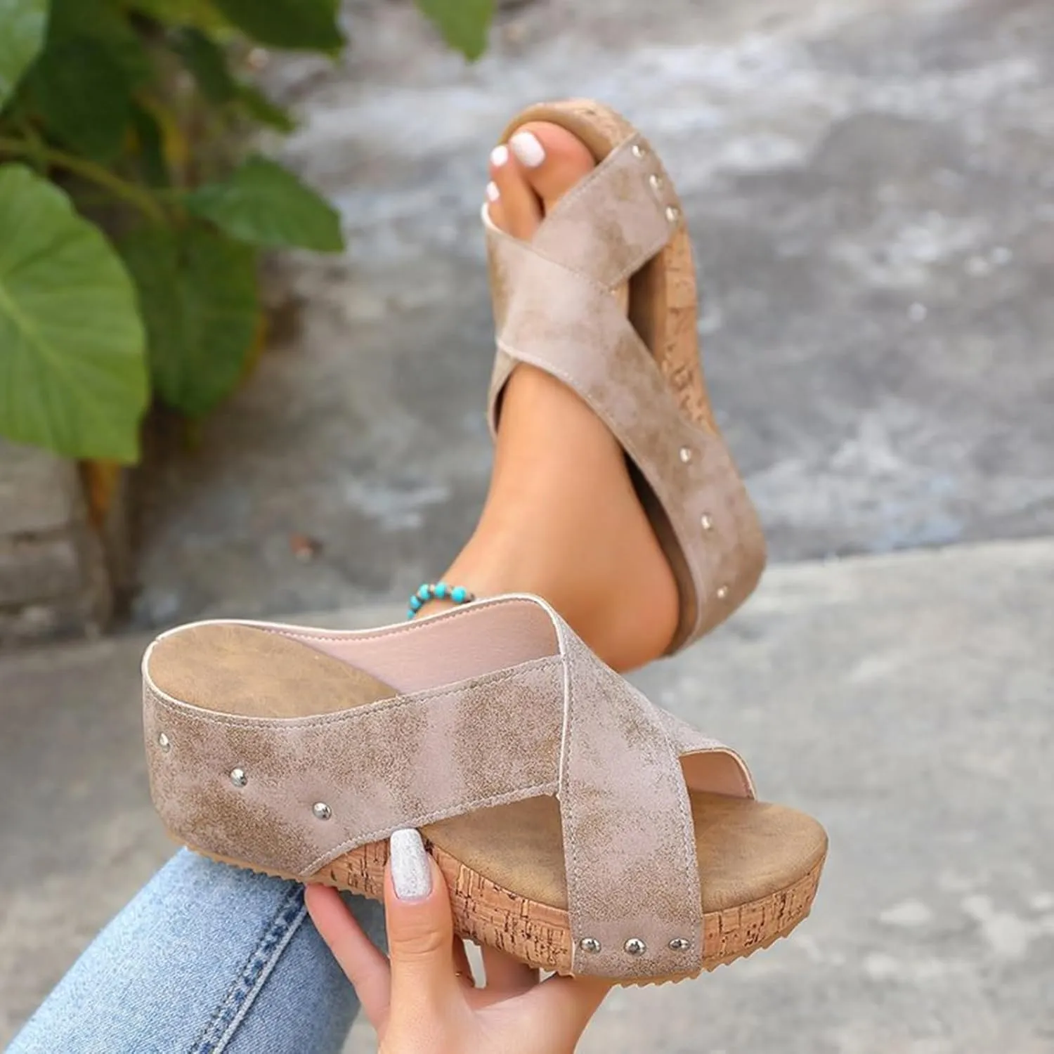 Wedge Sandals for Women Open Toe Slip On Slides Cork Heeled Cutout Comfortable Slide Sandals Criss Cross Straps Flat Clogs Slide Sandal Dressy Casual Boho Summer Beach Shoes