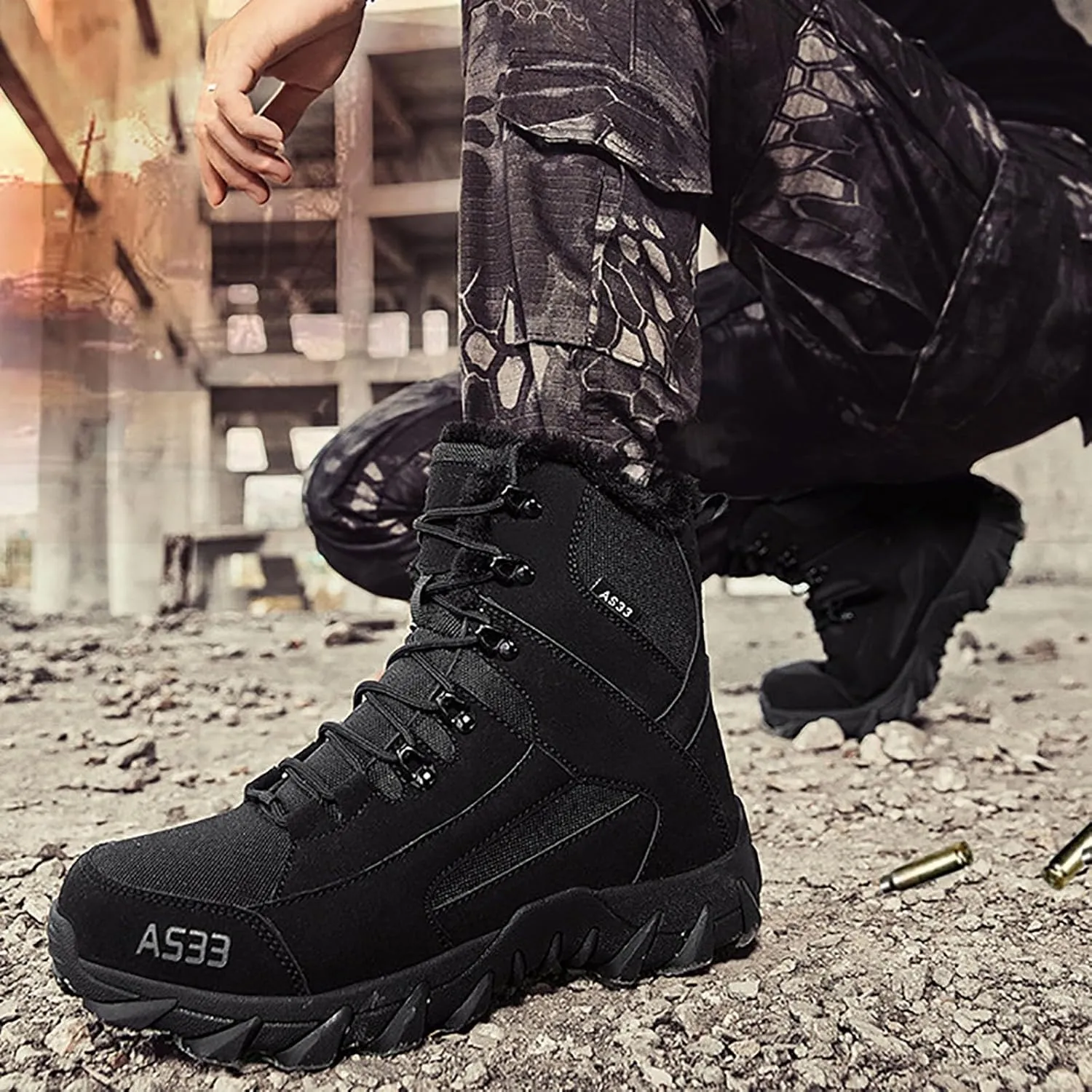 Winter Plush Cotton Boots for Men Large Size Couples Outdoor Training Boots Mid Top Durable Water Proof