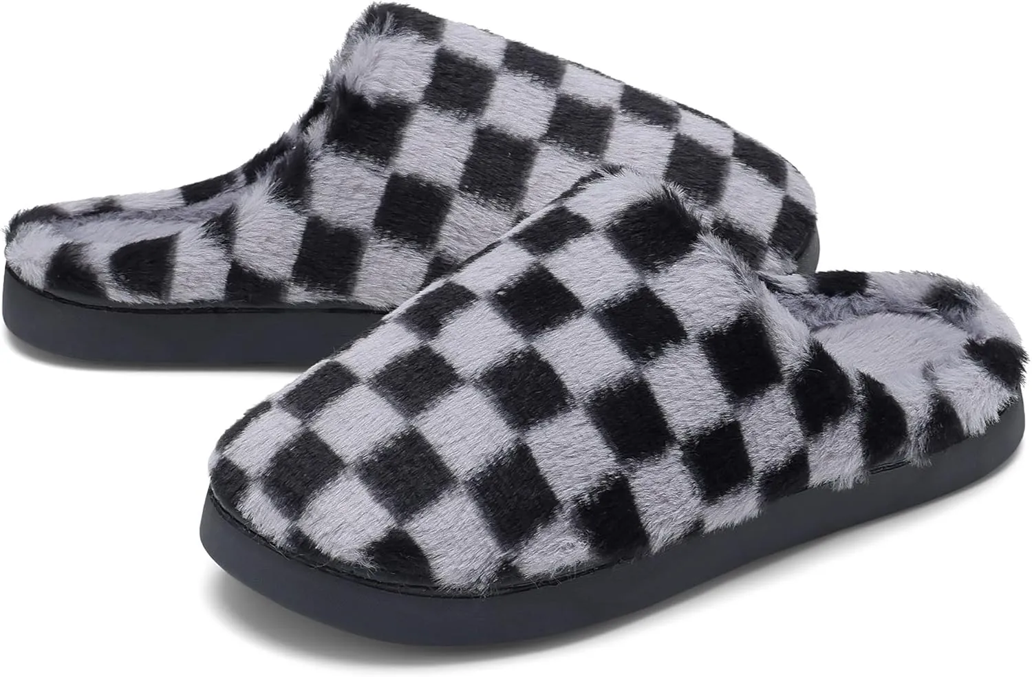 Women House Checkered Slippers - Mens Cozy Fuzzy Plaid Memory Foam Slippers with Faux Fur Lining for Indoor & Outdoor Comfort Soft Slides