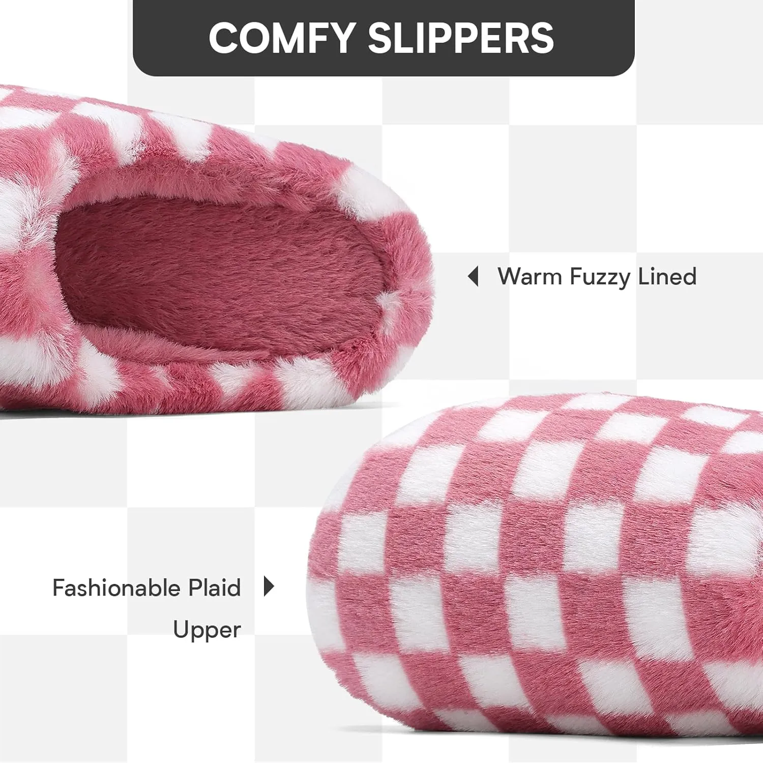 Women House Checkered Slippers - Mens Cozy Fuzzy Plaid Memory Foam Slippers with Faux Fur Lining for Indoor & Outdoor Comfort Soft Slides