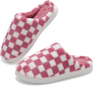 Women House Checkered Slippers - Mens Cozy Fuzzy Plaid Memory Foam Slippers with Faux Fur Lining for Indoor & Outdoor Comfort Soft Slides