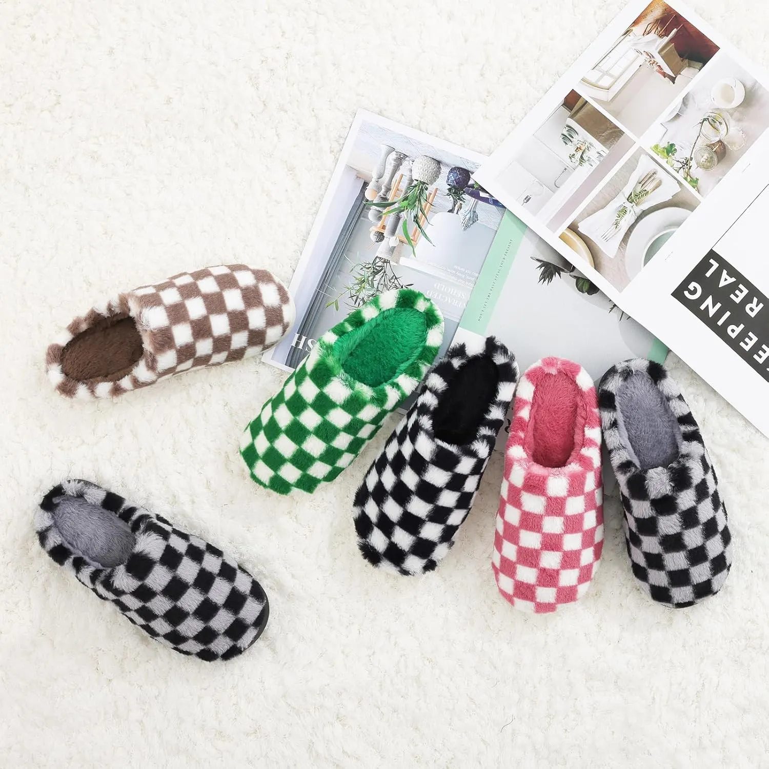 Women House Checkered Slippers - Mens Cozy Fuzzy Plaid Memory Foam Slippers with Faux Fur Lining for Indoor & Outdoor Comfort Soft Slides