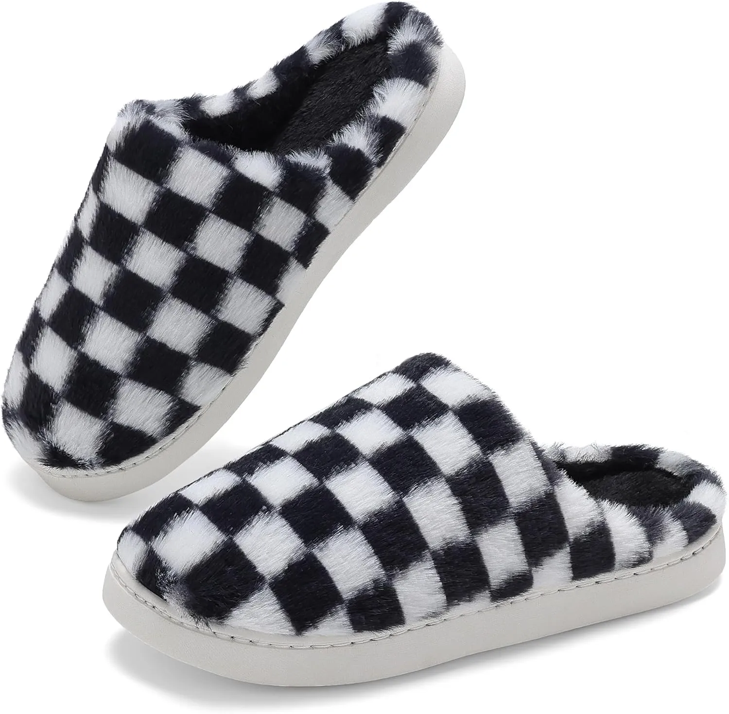 Women House Checkered Slippers - Mens Cozy Fuzzy Plaid Memory Foam Slippers with Faux Fur Lining for Indoor & Outdoor Comfort Soft Slides