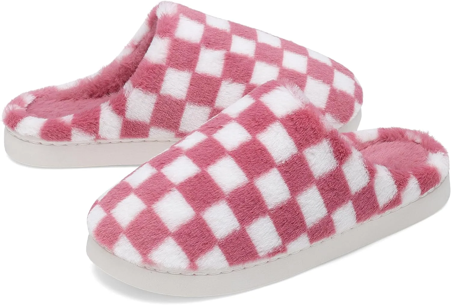 Women House Checkered Slippers - Mens Cozy Fuzzy Plaid Memory Foam Slippers with Faux Fur Lining for Indoor & Outdoor Comfort Soft Slides