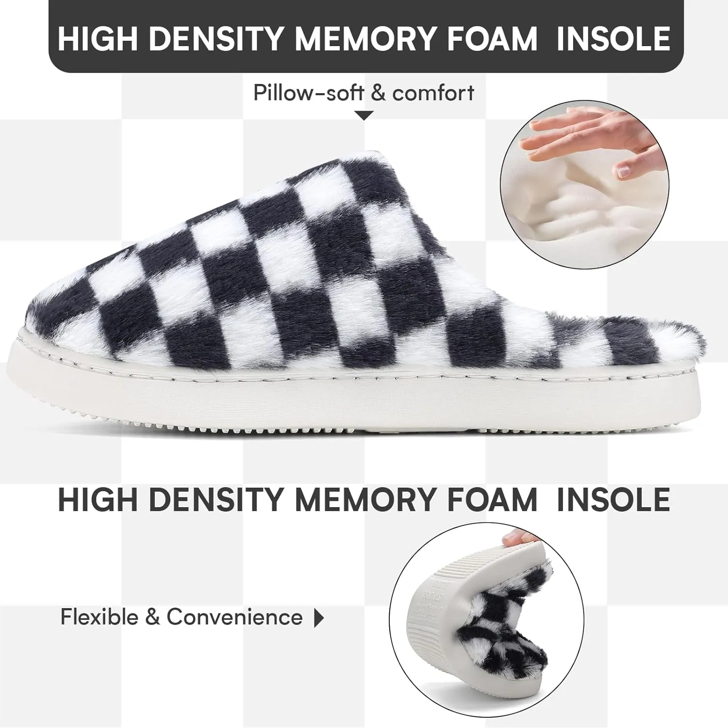 Women House Checkered Slippers - Mens Cozy Fuzzy Plaid Memory Foam Slippers with Faux Fur Lining for Indoor & Outdoor Comfort Soft Slides