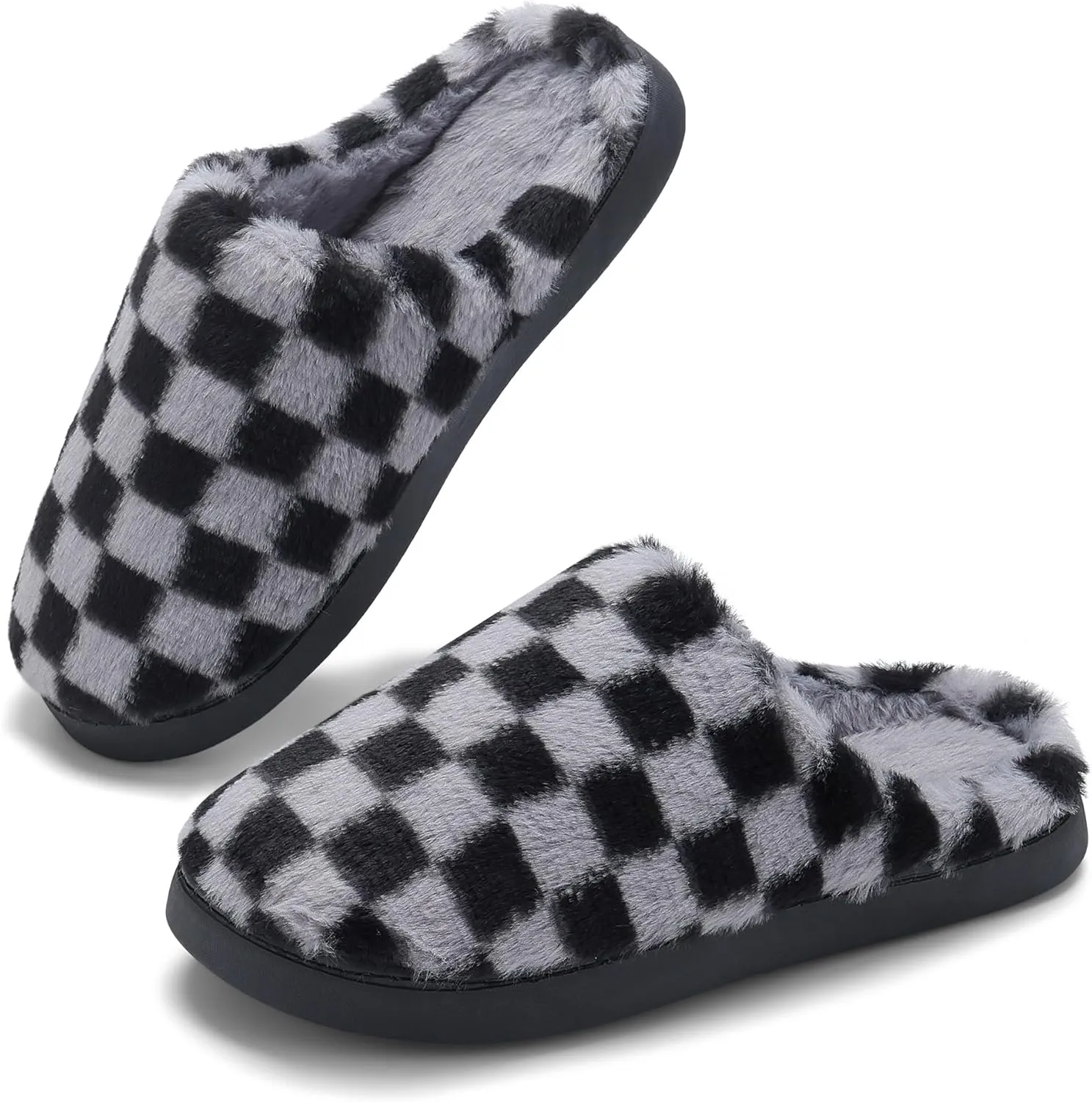 Women House Checkered Slippers - Mens Cozy Fuzzy Plaid Memory Foam Slippers with Faux Fur Lining for Indoor & Outdoor Comfort Soft Slides
