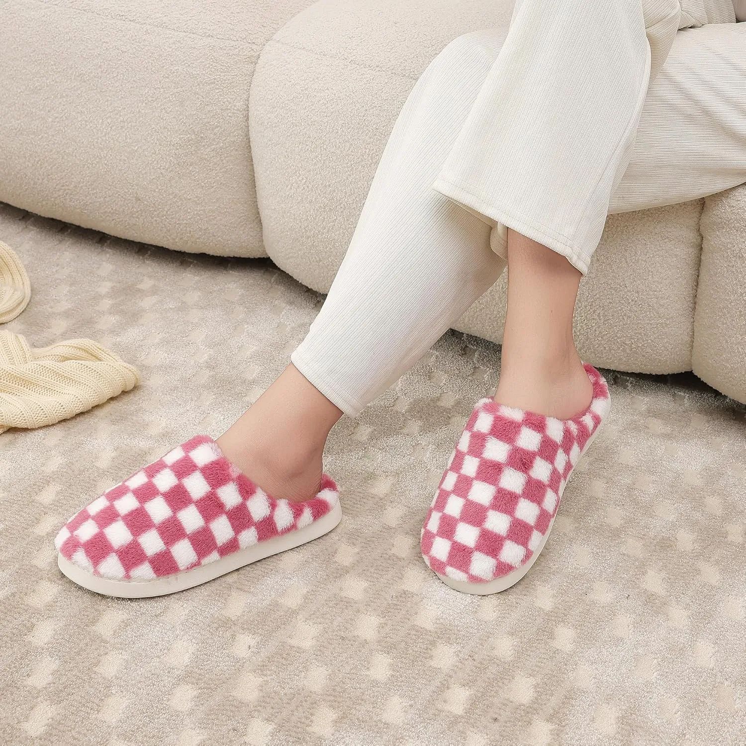 Women House Checkered Slippers - Mens Cozy Fuzzy Plaid Memory Foam Slippers with Faux Fur Lining for Indoor & Outdoor Comfort Soft Slides