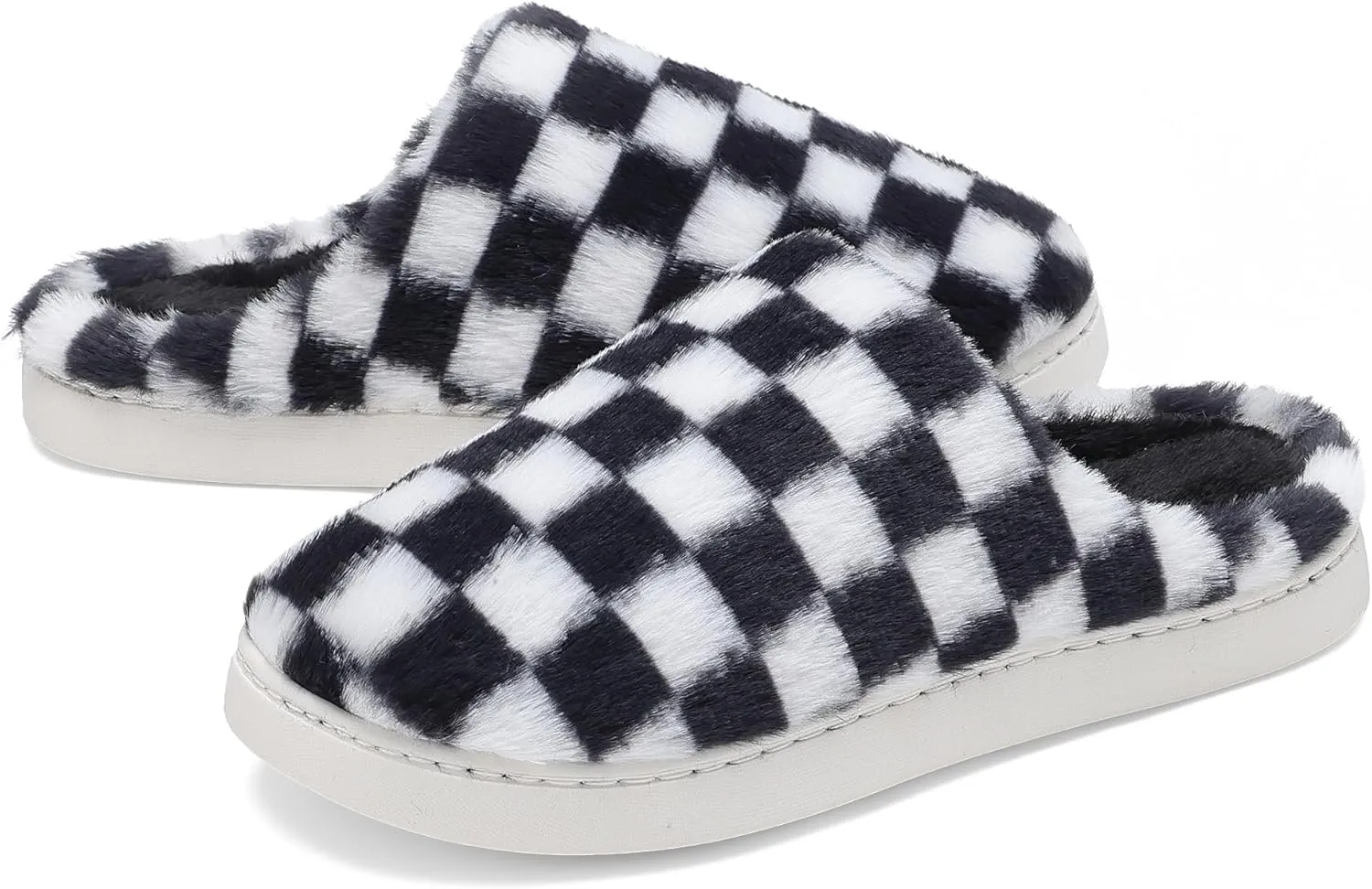 Women House Checkered Slippers - Mens Cozy Fuzzy Plaid Memory Foam Slippers with Faux Fur Lining for Indoor & Outdoor Comfort Soft Slides