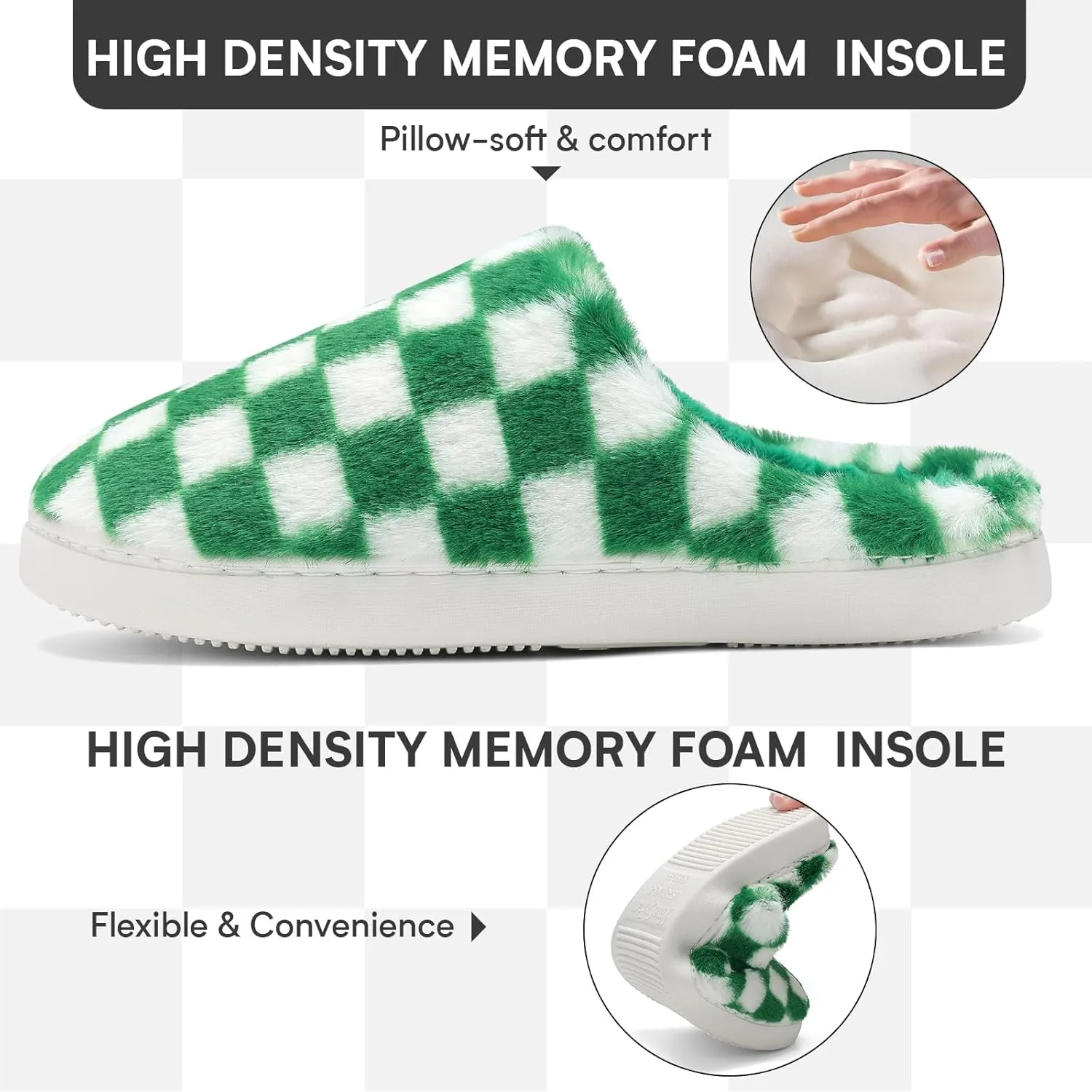 Women House Checkered Slippers - Mens Cozy Fuzzy Plaid Memory Foam Slippers with Faux Fur Lining for Indoor & Outdoor Comfort Soft Slides