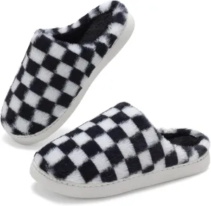 Women House Checkered Slippers - Mens Cozy Fuzzy Plaid Memory Foam Slippers with Faux Fur Lining for Indoor & Outdoor Comfort Soft Slides