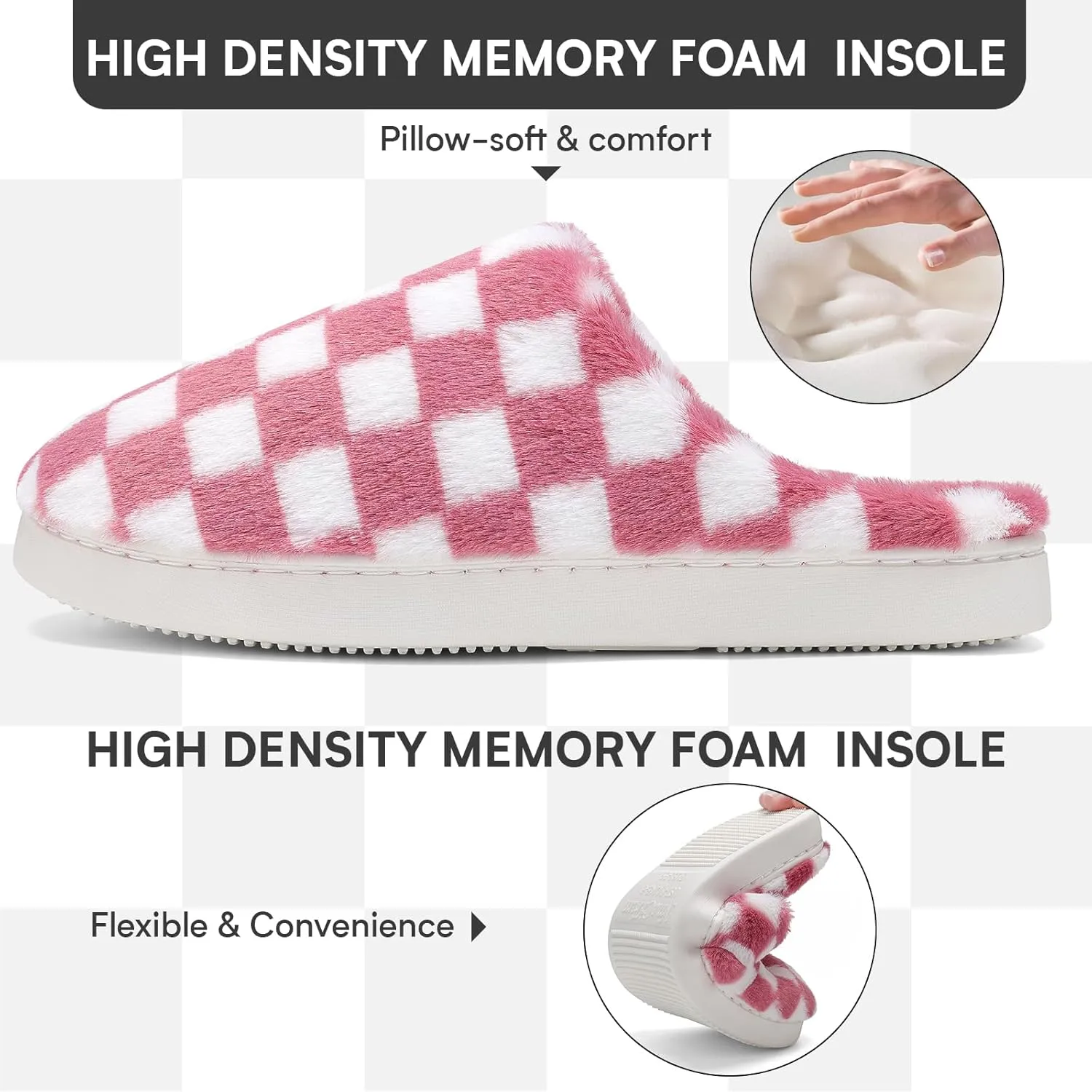 Women House Checkered Slippers - Mens Cozy Fuzzy Plaid Memory Foam Slippers with Faux Fur Lining for Indoor & Outdoor Comfort Soft Slides