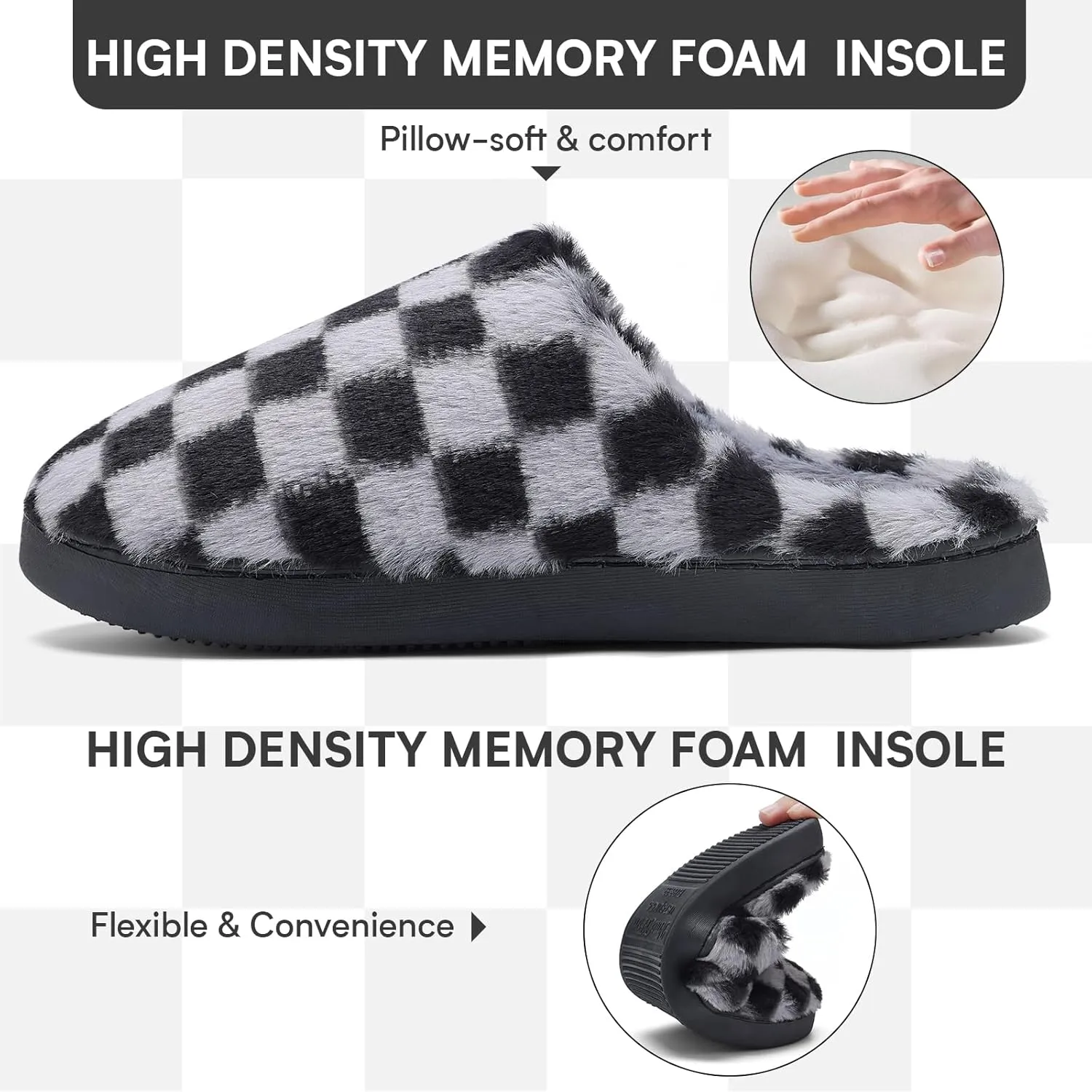 Women House Checkered Slippers - Mens Cozy Fuzzy Plaid Memory Foam Slippers with Faux Fur Lining for Indoor & Outdoor Comfort Soft Slides