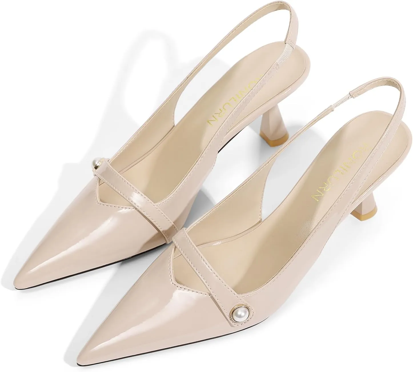 Women Kitten Heels Slingback Low Heel Pumps Dress Shoes for Women Closed Pointed Toe Pearl Heels for Work Wedding Bridal